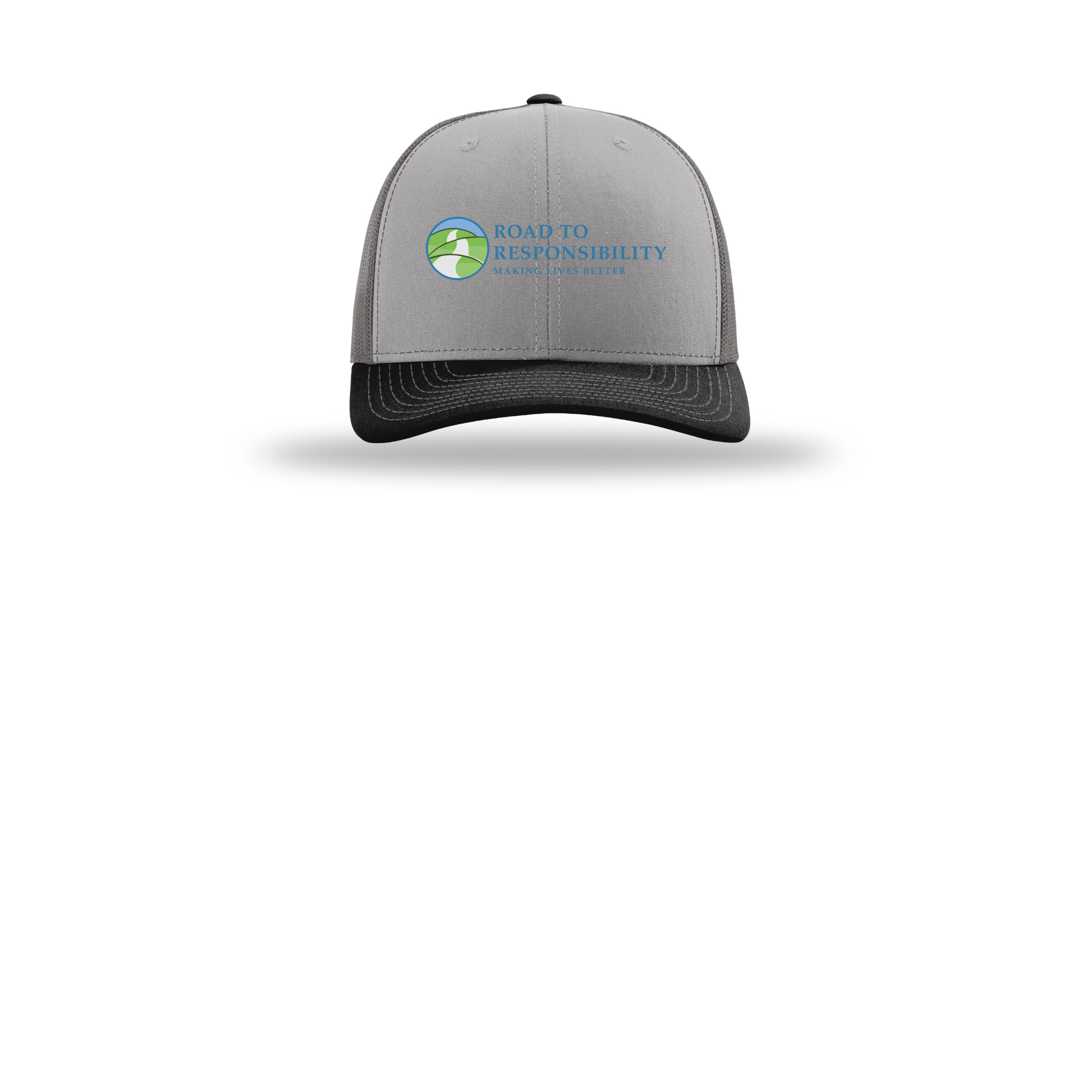 roadtoresponsibility-richardson-trucker-cap-embroidery-capfront-R112-greycharcoalblack-flat-front