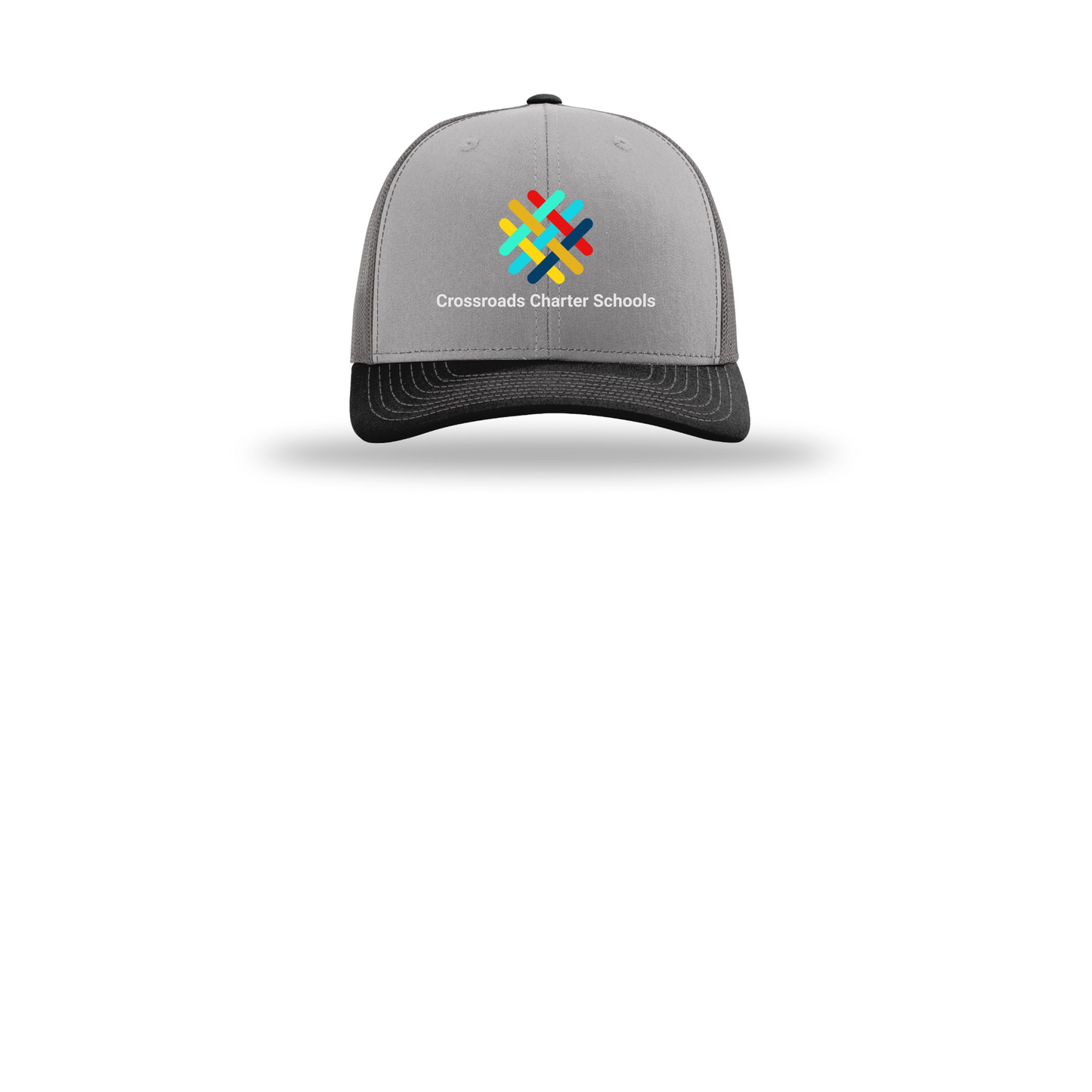 crossroadsschoolskc-richardson-trucker-cap-embroidery-capfront-R112-greycharcoalblack-flat-front