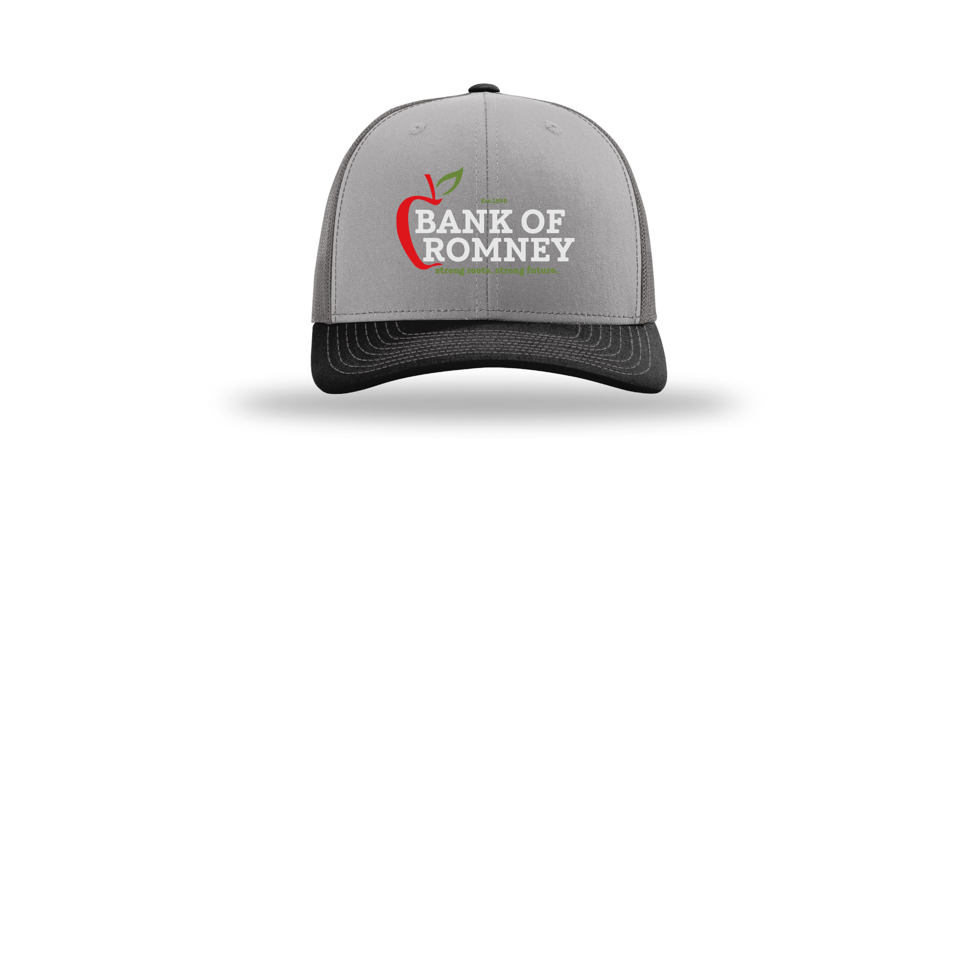 bankofromney-richardson-trucker-cap-embroidery-capfront-R112-greycharcoalblack-flat-front