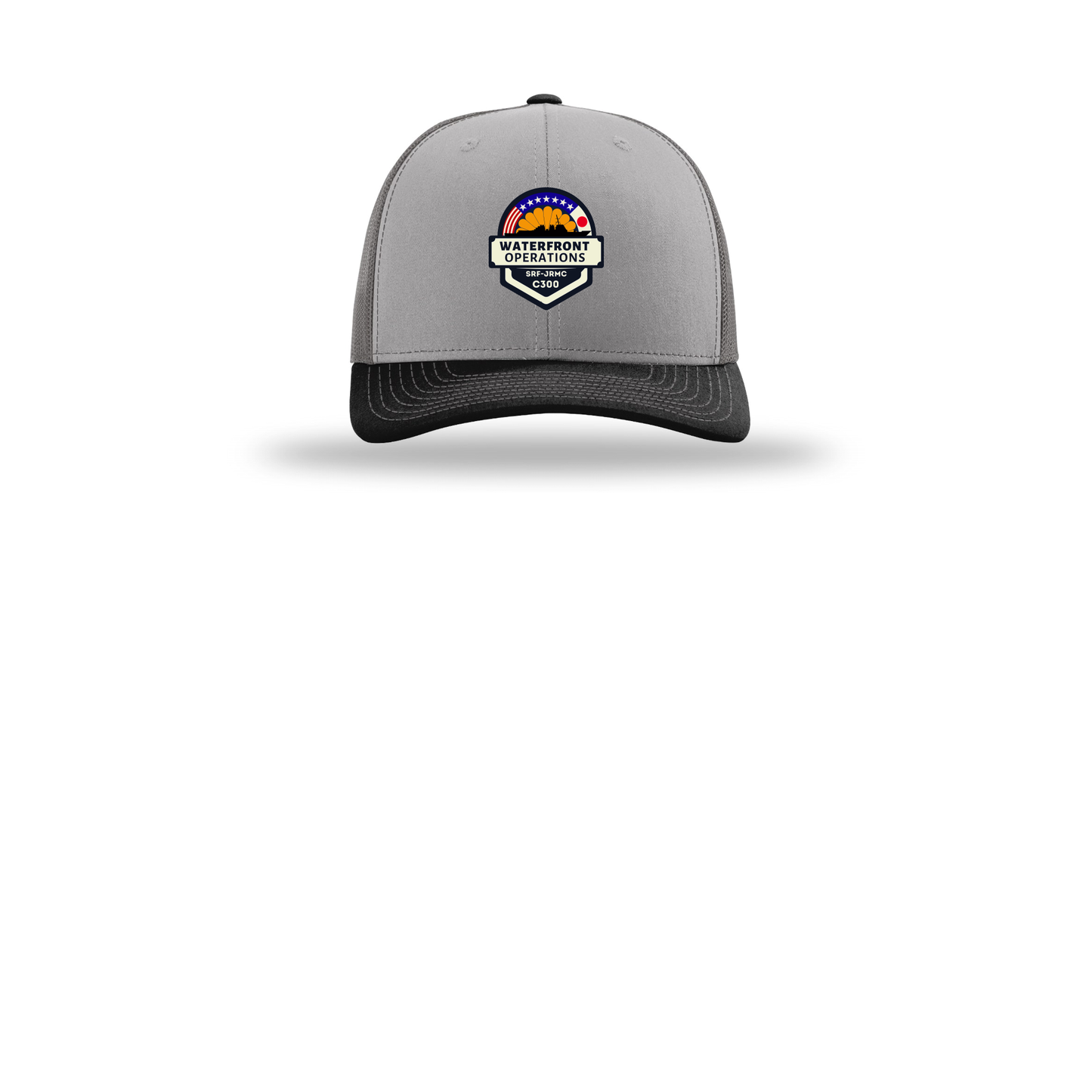 waterfront-operations-retro-trucker-cap-embroidery-capfront-R112-greycharcoalblack-flat-front