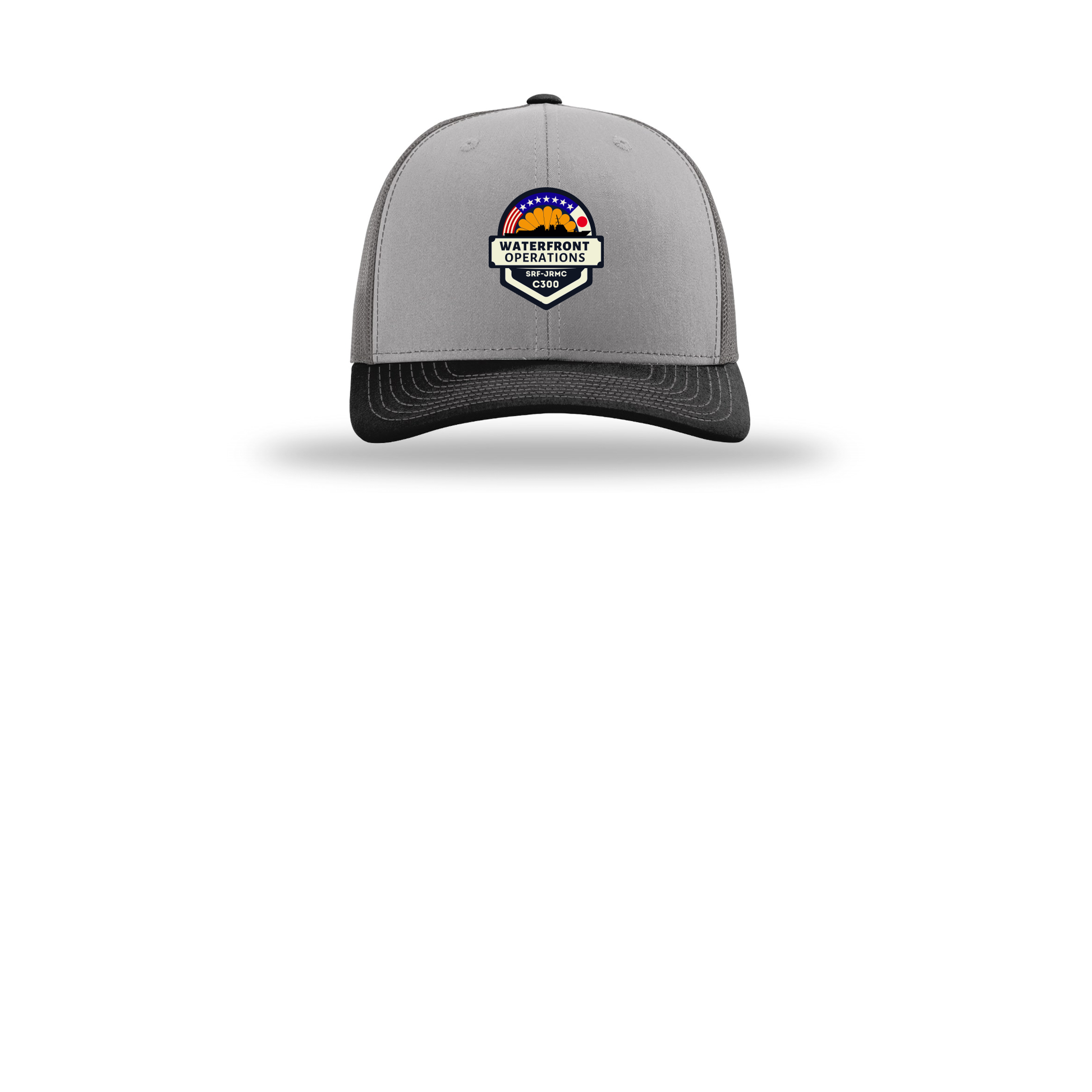 waterfront-operations-retro-trucker-cap-embroidery-capfront-R112-greycharcoalblack-flat-front