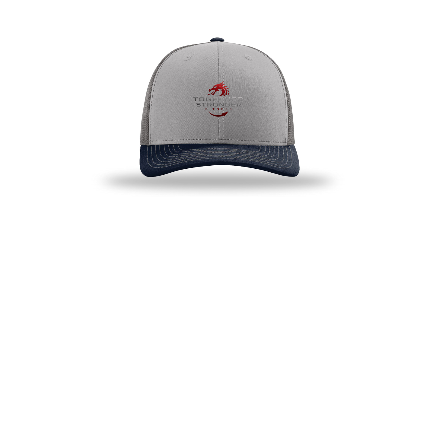 togetherstrongerfitness-richardson-trucker-cap-embroidery-capfront-R112-greycharcoalnavy-flat-front