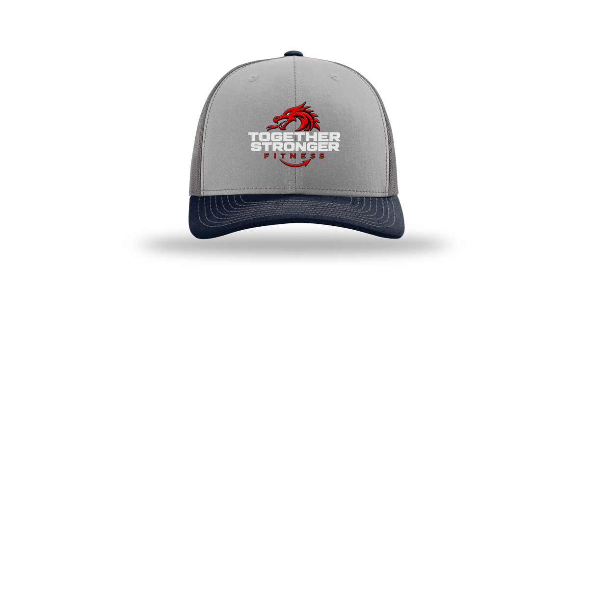 togetherstrongerfitness-richardson-trucker-cap-embroidery-capfront-R112-greycharcoalnavy-flat-front