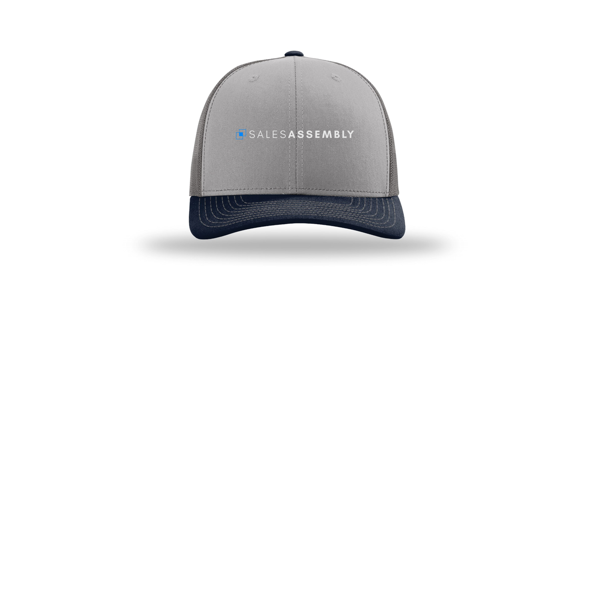 salesassembly-richardson-trucker-cap-embroidery-capfront-R112-greycharcoalnavy-flat-front