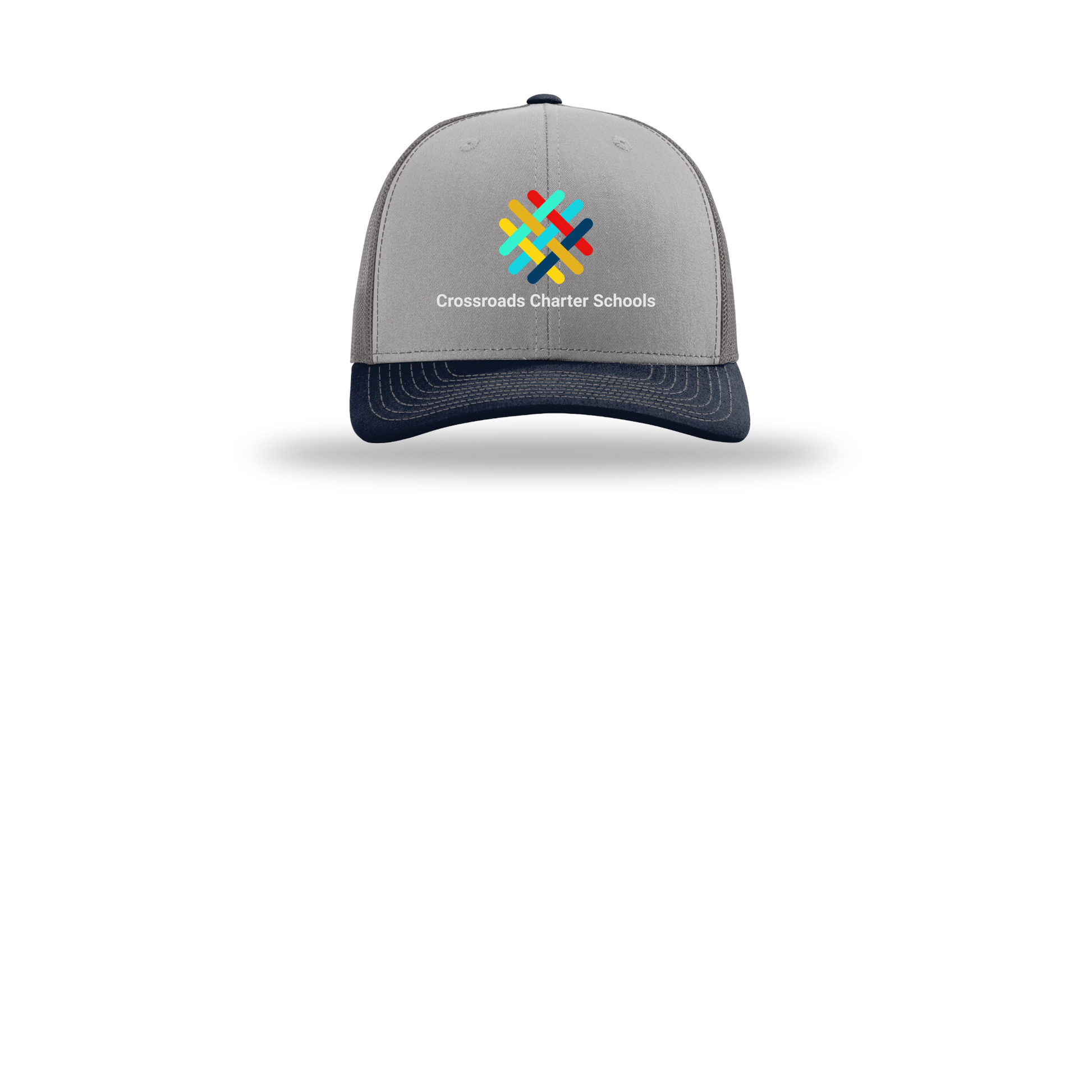 crossroadsschoolskc-richardson-trucker-cap-embroidery-capfront-R112-greycharcoalnavy-flat-front