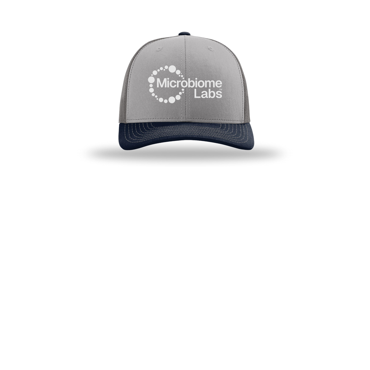 microbiomelabs-richardson-trucker-cap-embroidery-capfront-R112-greycharcoalnavy-flat-front