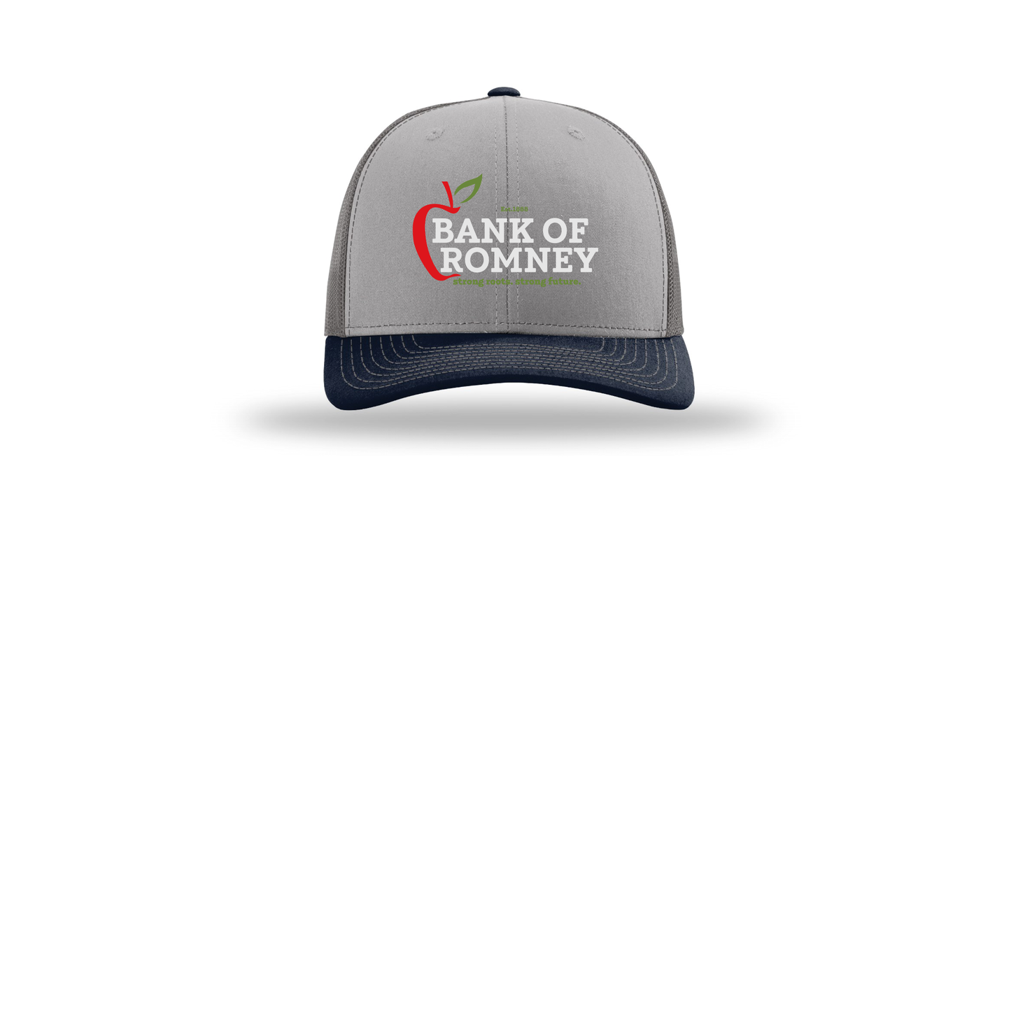 bankofromney-richardson-trucker-cap-embroidery-capfront-R112-greycharcoalnavy-flat-front