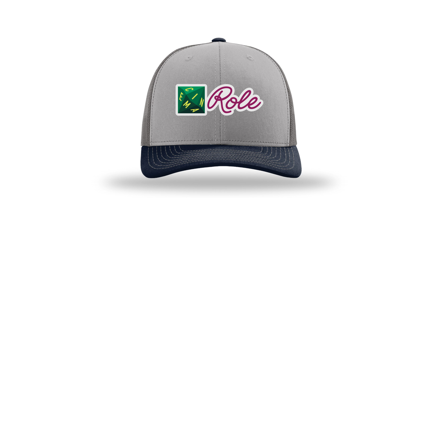 cinemarole-richardson-trucker-cap-embroidery-capfront-R112-greycharcoalnavy-flat-front