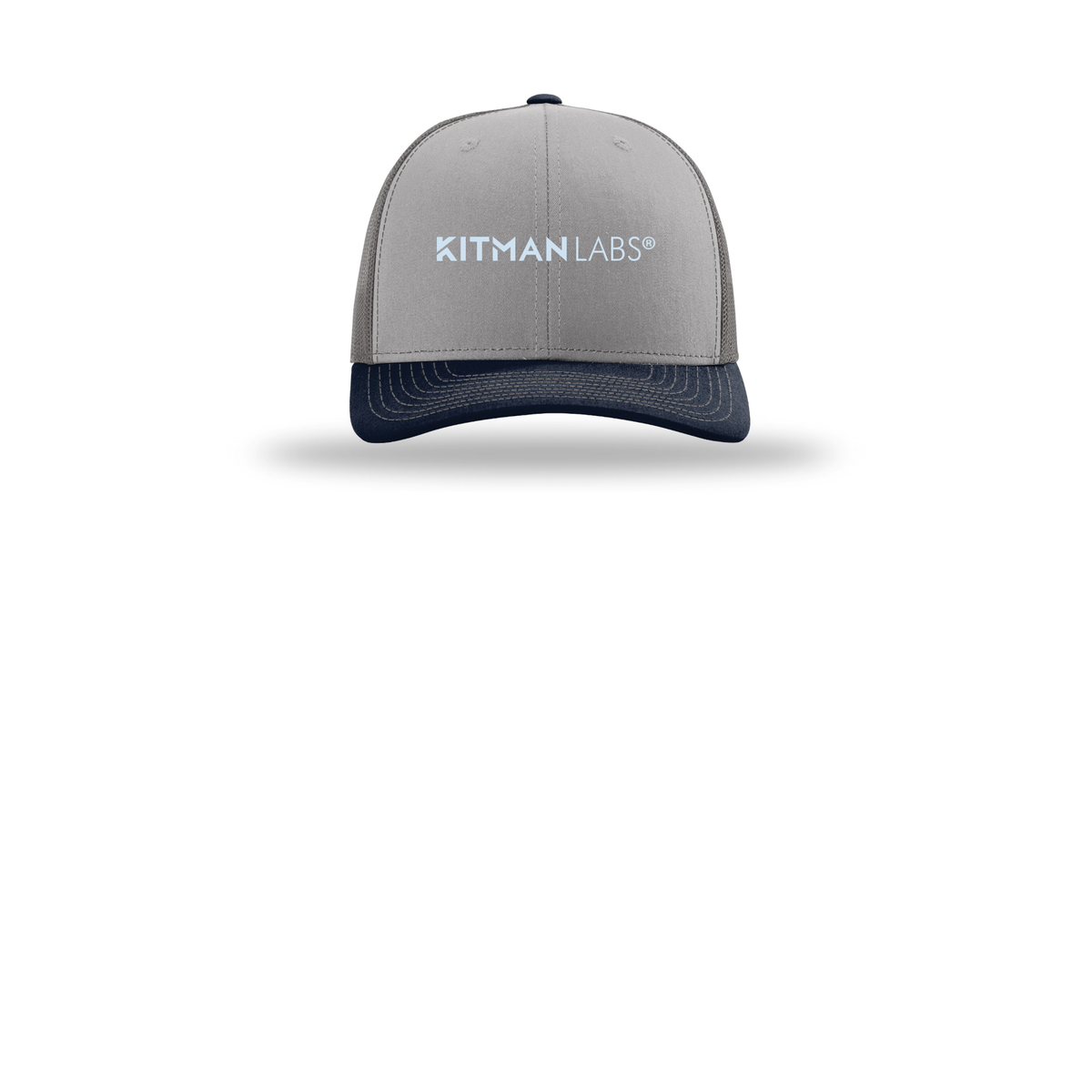 kitmanlabs-richardson-trucker-cap-embroidery-capfront-R112-greycharcoalnavy-flat-front