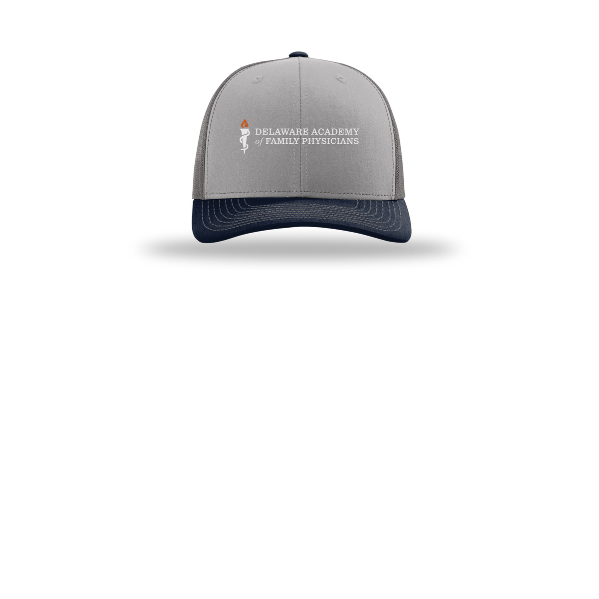 delfamdoc-richardson-trucker-cap-embroidery-capfront-R112-greycharcoalnavy-flat-front