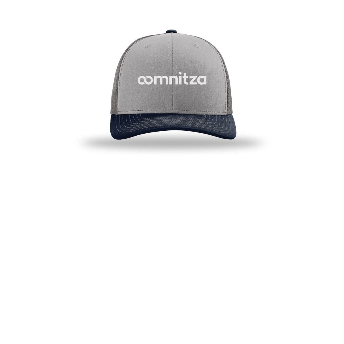 oomnitza-richardson-trucker-cap-embroidery-capfront-R112-greycharcoalnavy-flat-front