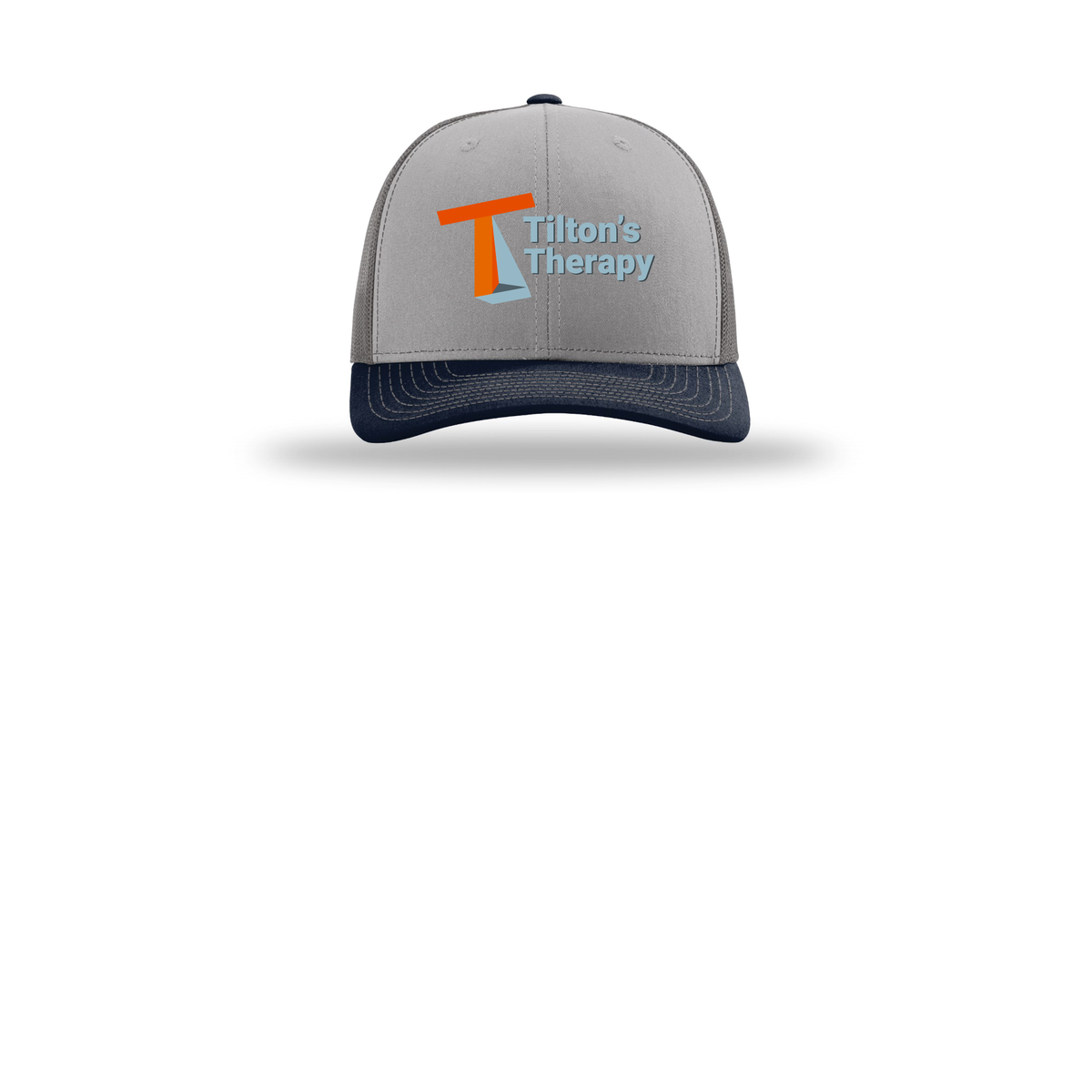 tiltonstherapy-richardson-trucker-cap-embroidery-capfront-R112-greycharcoalnavy-flat-front