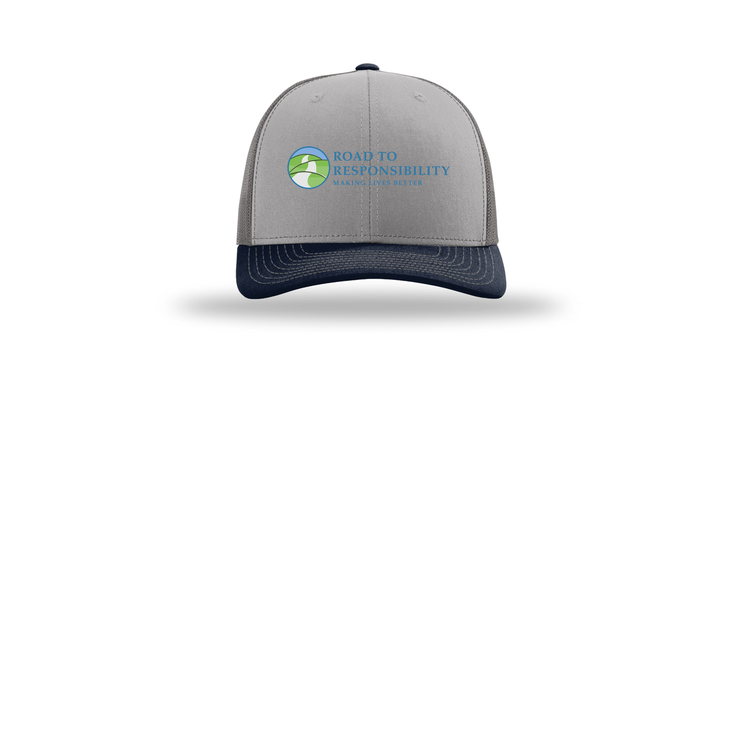 roadtoresponsibility-richardson-trucker-cap-embroidery-capfront-R112-greycharcoalnavy-flat-front