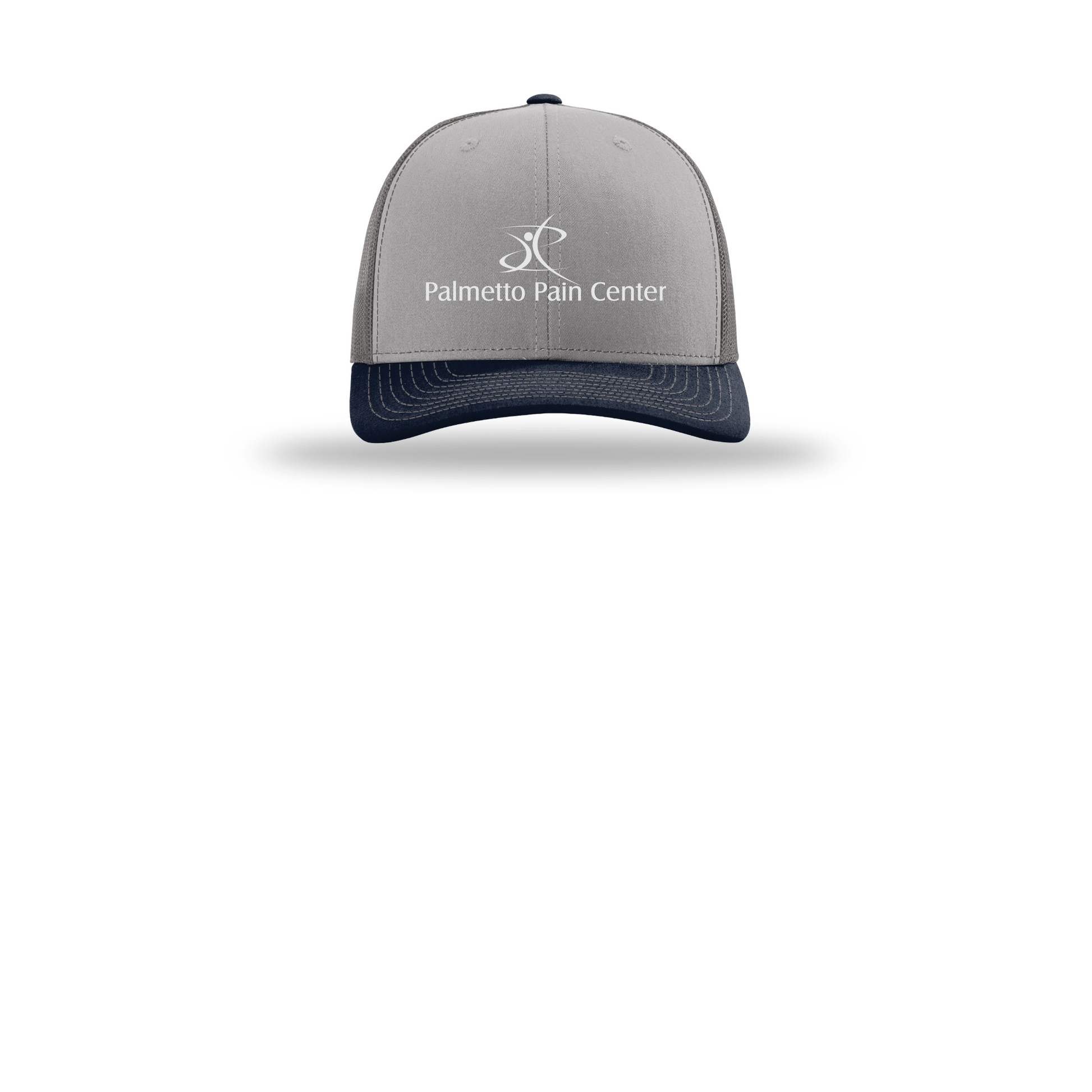 palmetto-pain-center-richardson-trucker-cap-embroidery-capfront-R112-greycharcoalnavy-flat-front