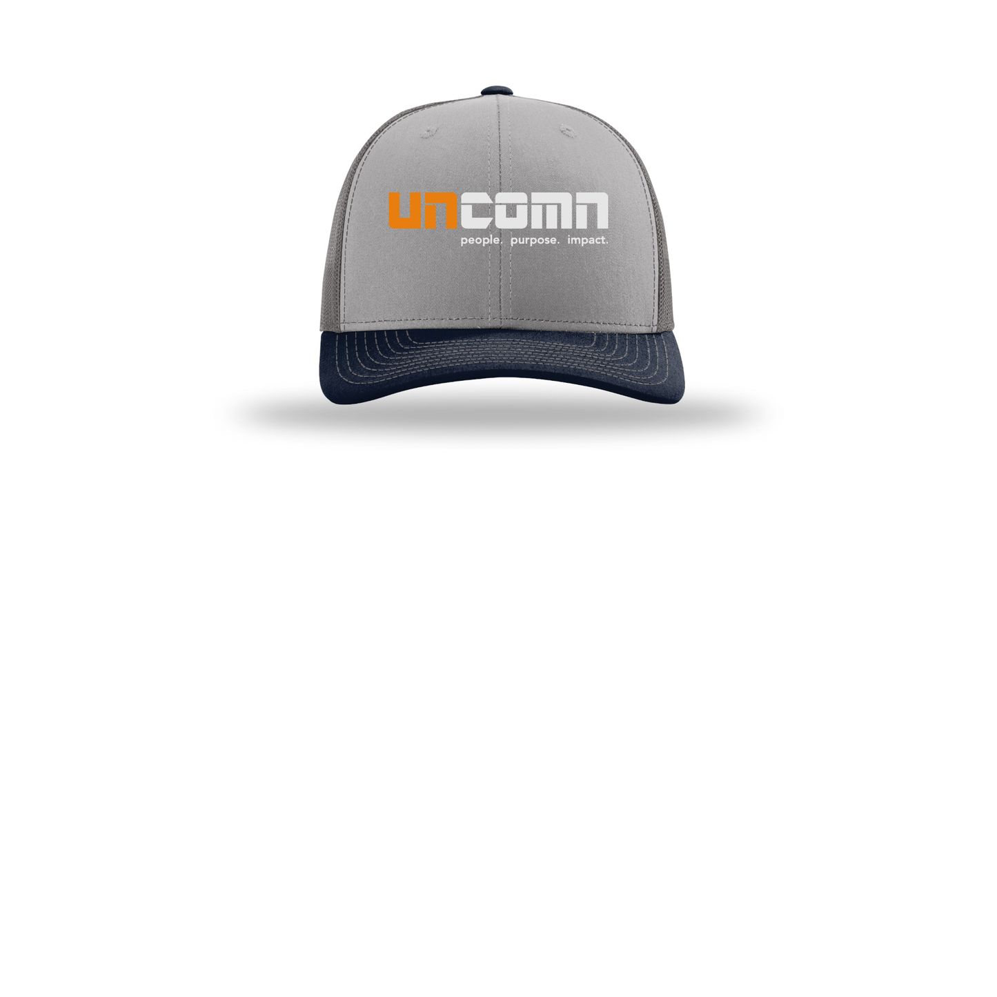 uncomn-richardson-trucker-cap-embroidery-capfront-R112-greycharcoalnavy-flat-front