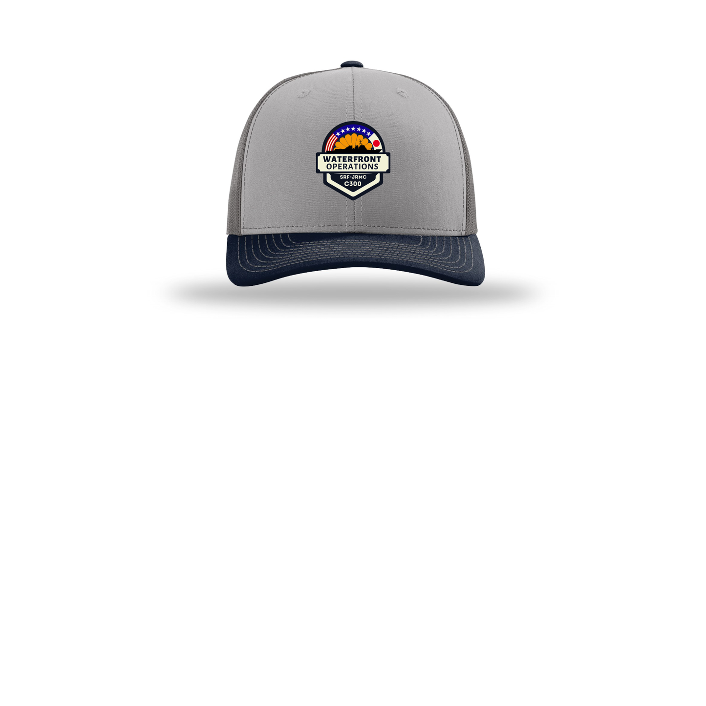 waterfront-operations-retro-trucker-cap-embroidery-capfront-R112-greycharcoalnavy-flat-front
