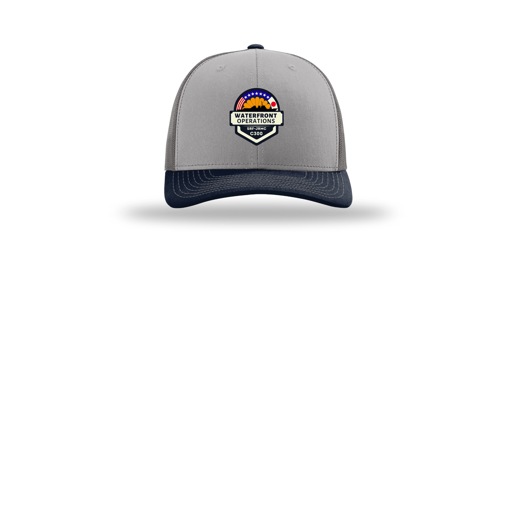 waterfront-operations-retro-trucker-cap-embroidery-capfront-R112-greycharcoalnavy-flat-front