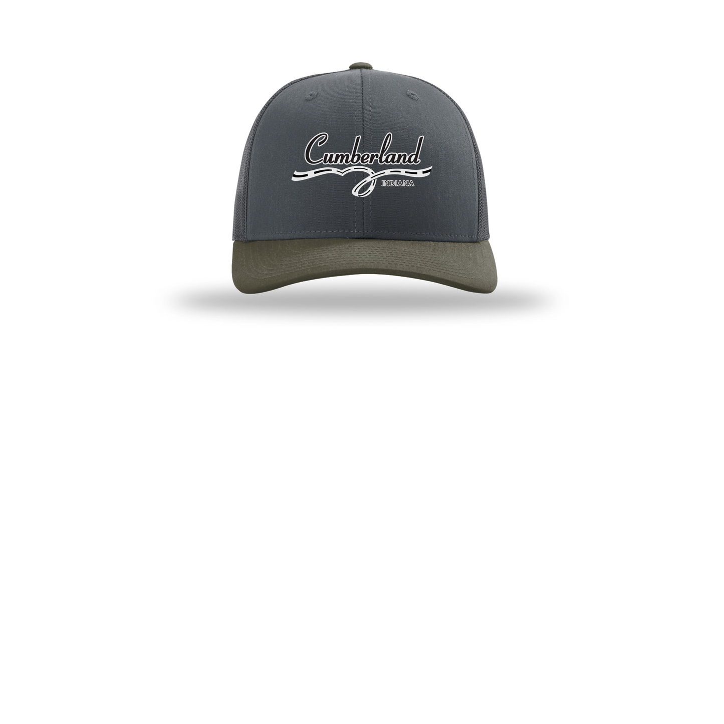 cumberland-richardson-trucker-cap-embroidery-capfront-R112-gunmetalgunmetalchocolatechip-flat-front
