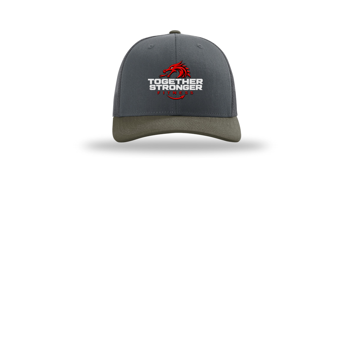 togetherstrongerfitness-richardson-trucker-cap-embroidery-capfront-R112-gunmetalgunmetalchocolatechip-flat-front