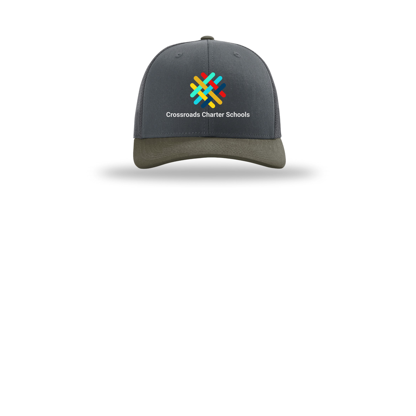 crossroadsschoolskc-richardson-trucker-cap-embroidery-capfront-R112-gunmetalgunmetalchocolatechip-flat-front
