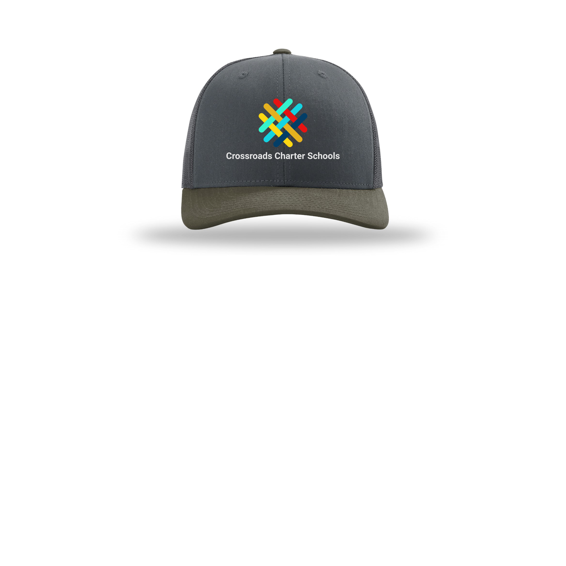 crossroadsschoolskc-richardson-trucker-cap-embroidery-capfront-R112-gunmetalgunmetalchocolatechip-flat-front