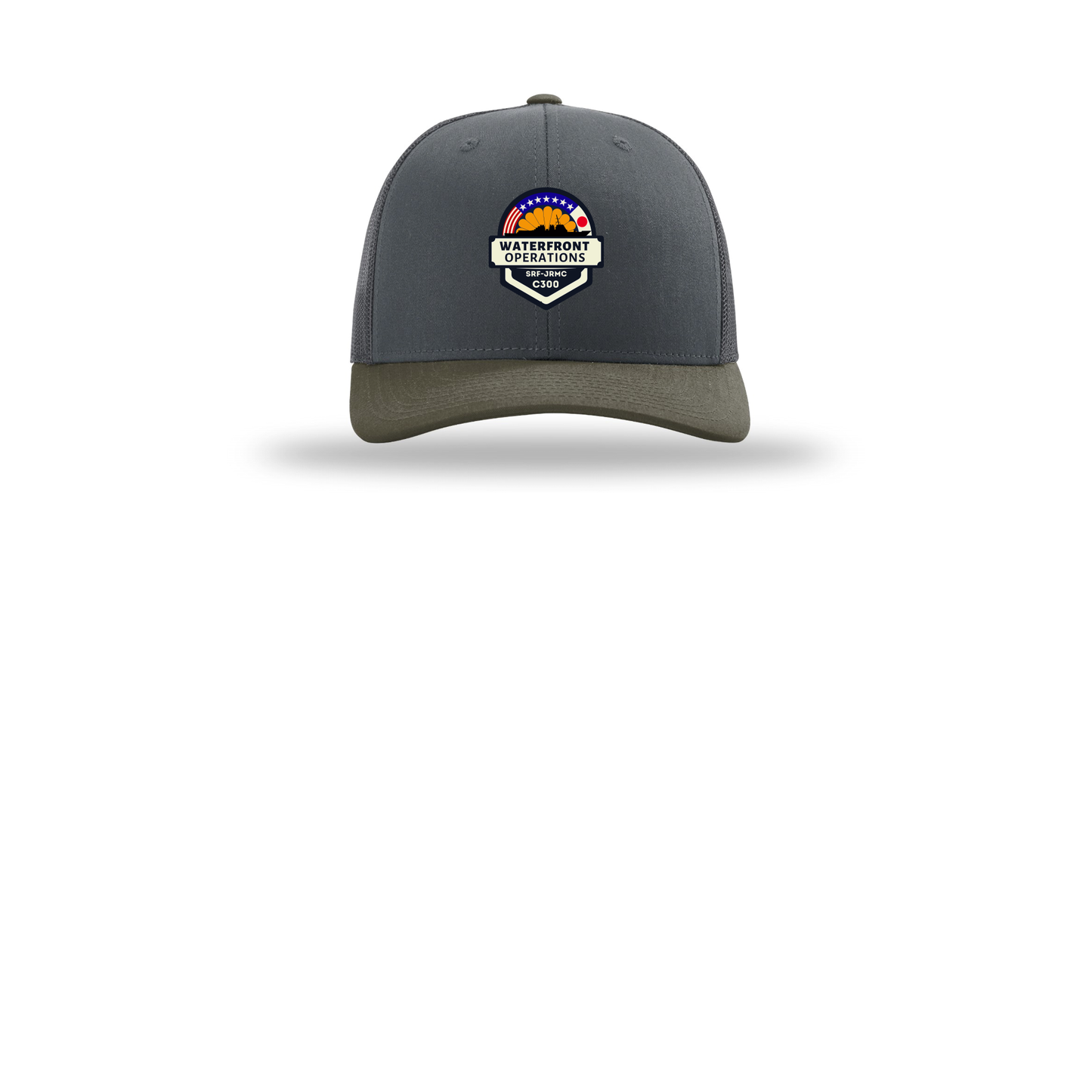 waterfront-operations-retro-trucker-cap-embroidery-capfront-R112-gunmetalgunmetalchocolatechip-flat-front