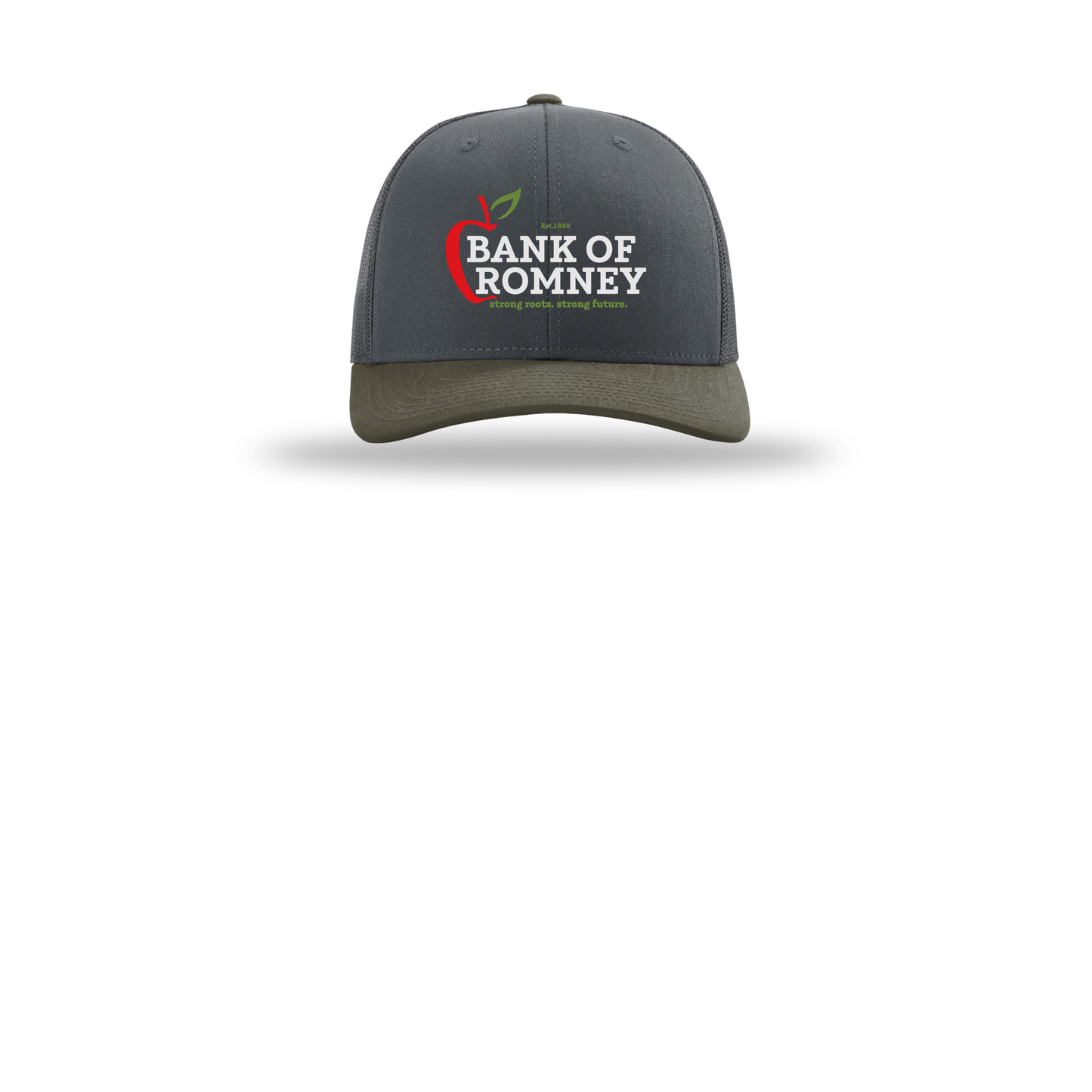 bankofromney-richardson-trucker-cap-embroidery-capfront-R112-gunmetalgunmetalchocolatechip-flat-front