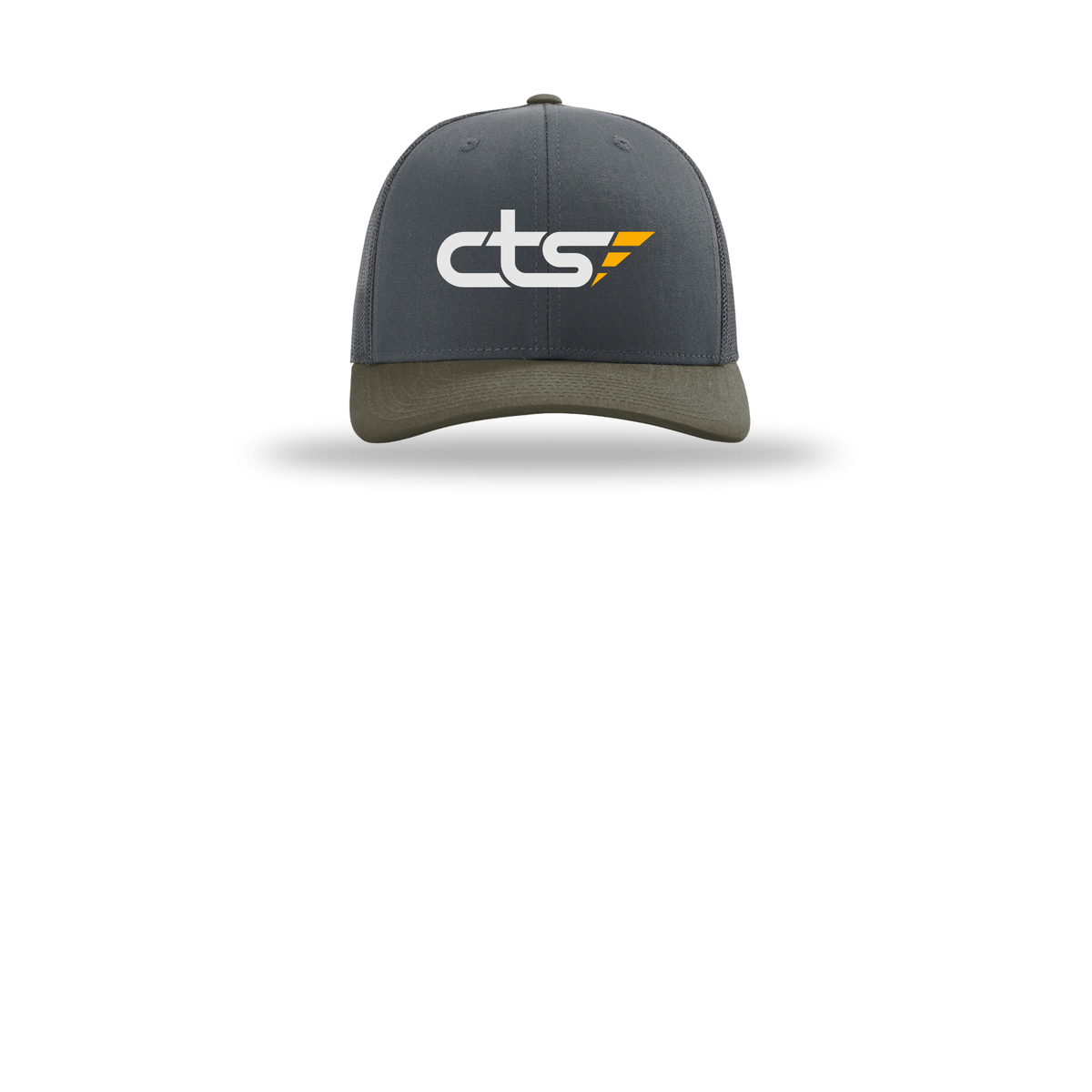 cts1-richardson-trucker-cap-embroidery-capfront-R112-gunmetalgunmetalchocolatechip-flat-front