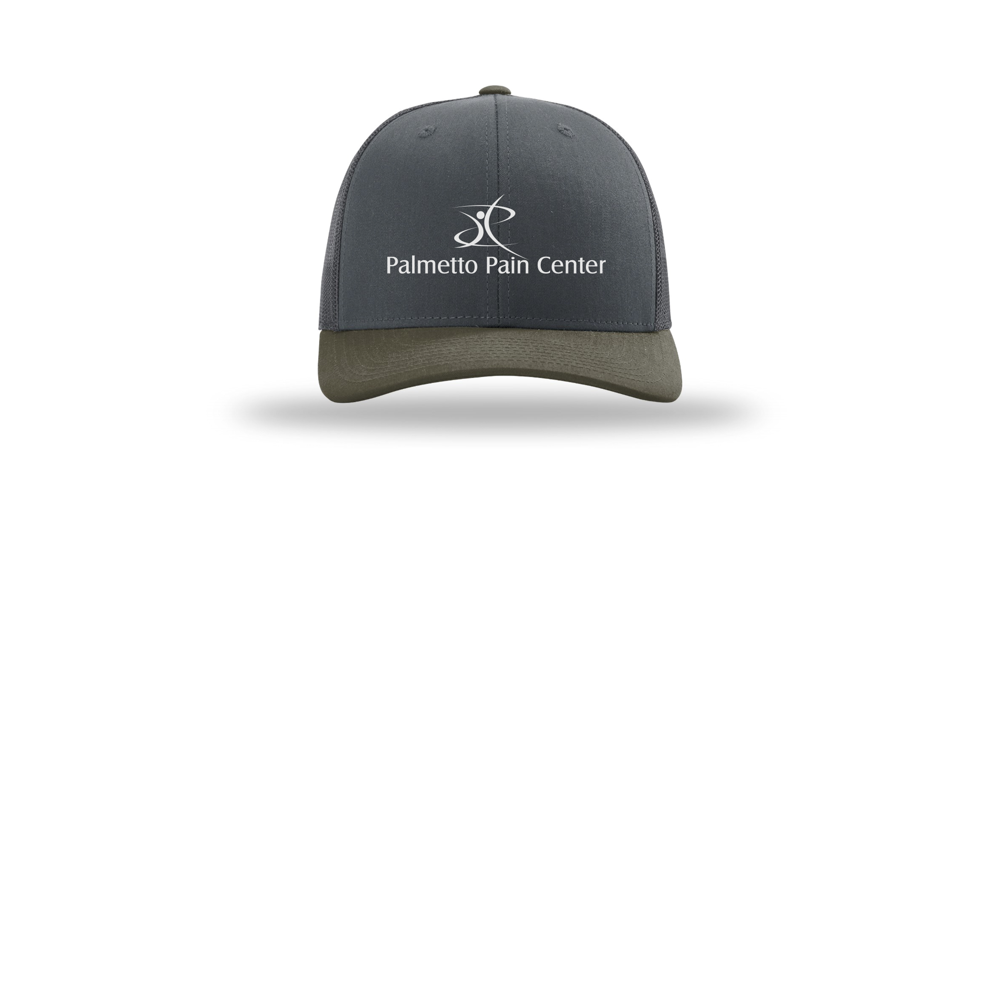 palmetto-pain-center-richardson-trucker-cap-embroidery-capfront-R112-gunmetalgunmetalchocolatechip-flat-front