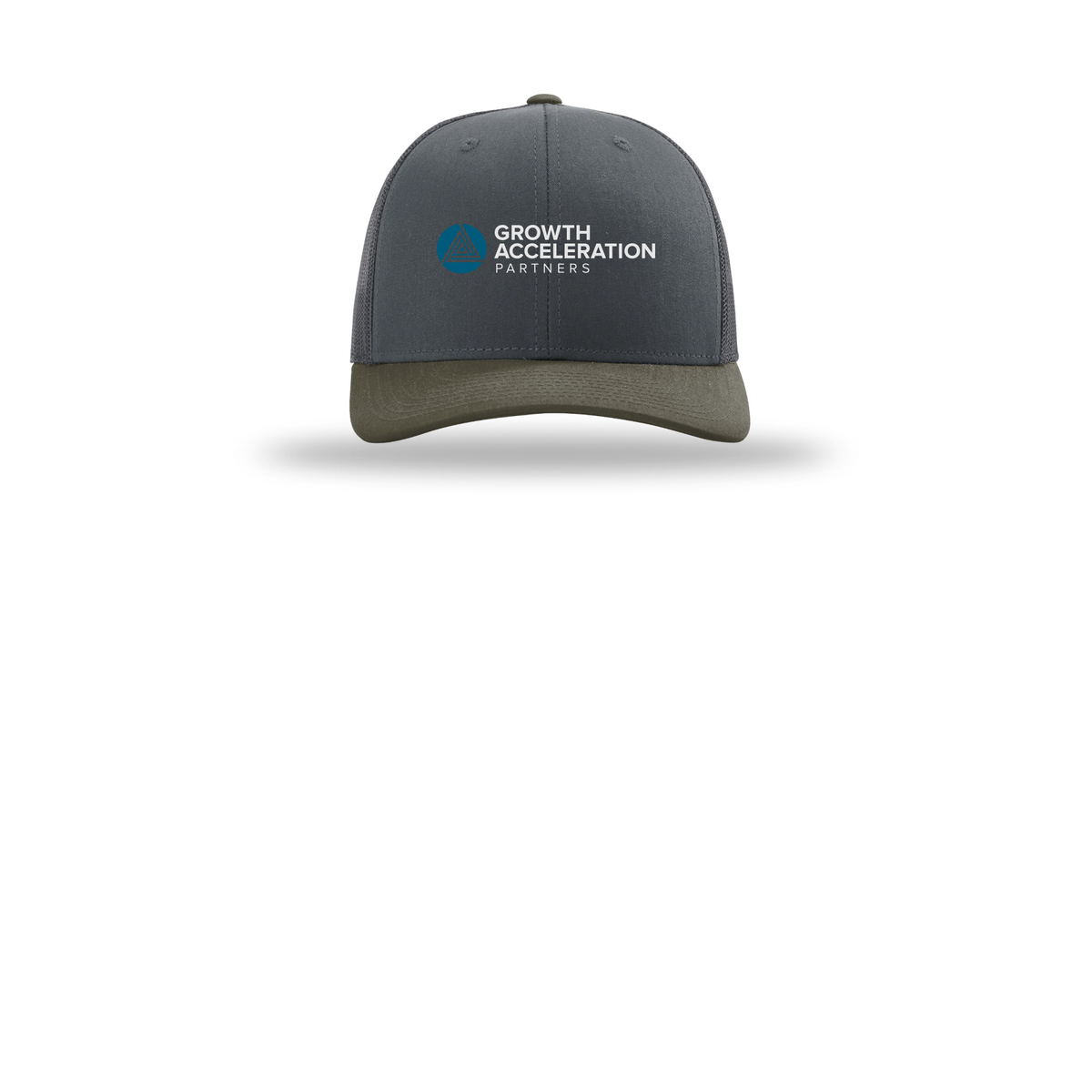 growthaccelerationpartners-richardson-trucker-cap-embroidery-capfront-R112-gunmetalgunmetalchocolatechip-flat-front