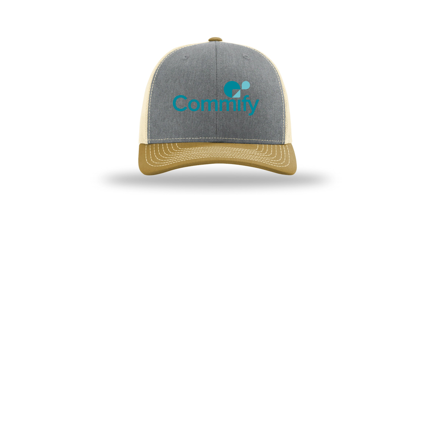 commify-richardson-trucker-cap-embroidery-capfront-R112-heathergreybirchambergold-flat-front