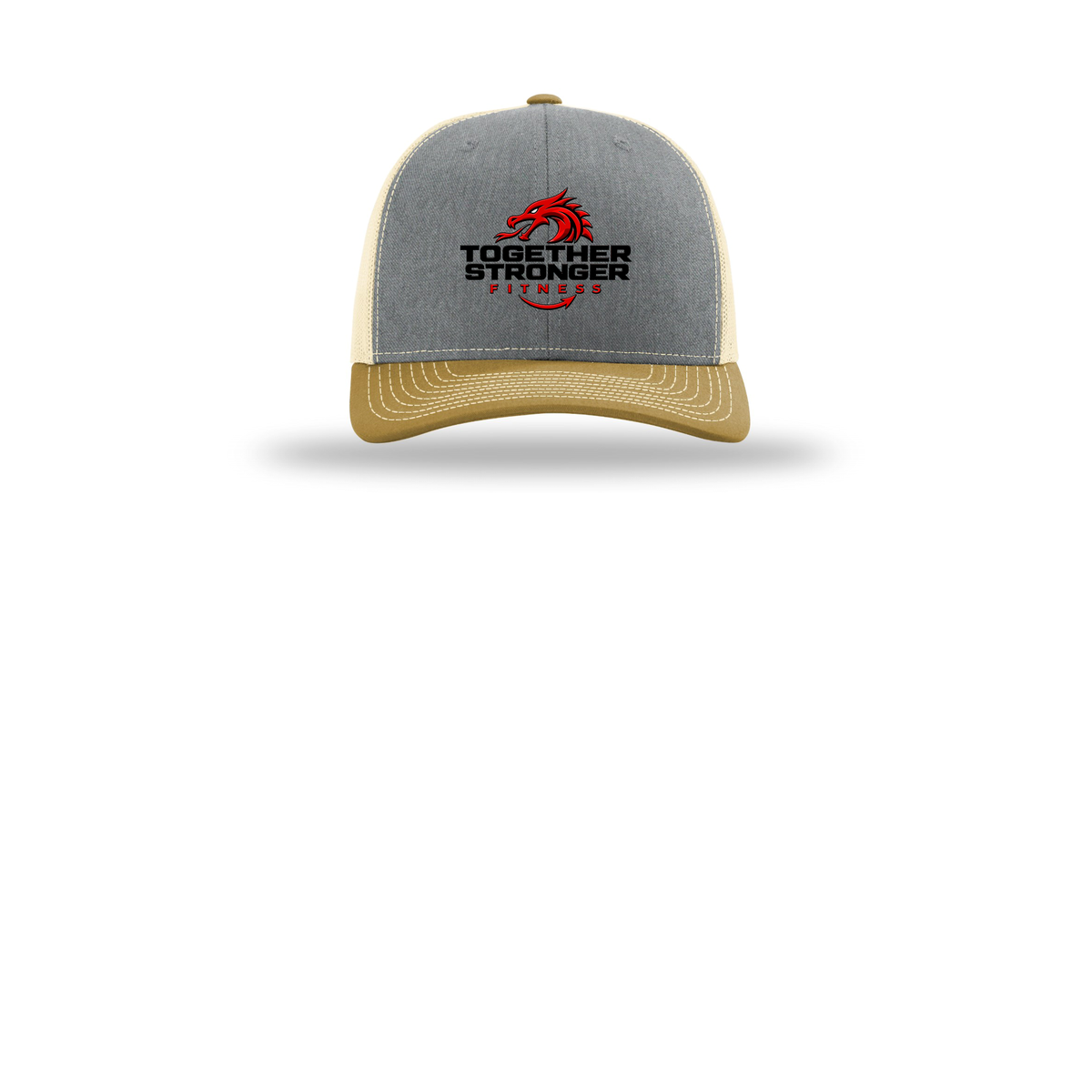 togetherstrongerfitness-richardson-trucker-cap-embroidery-capfront-R112-heathergreybirchambergold-flat-front