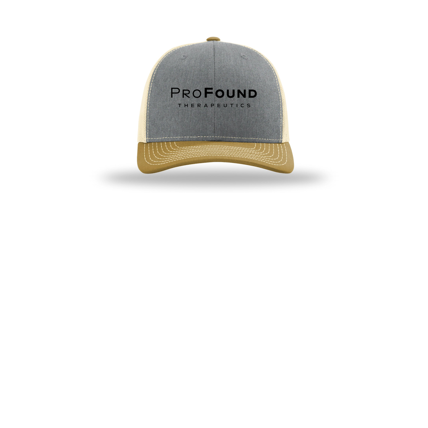 profoundtx-richardson-trucker-cap-embroidery-capfront-R112-heathergreybirchambergold-flat-front