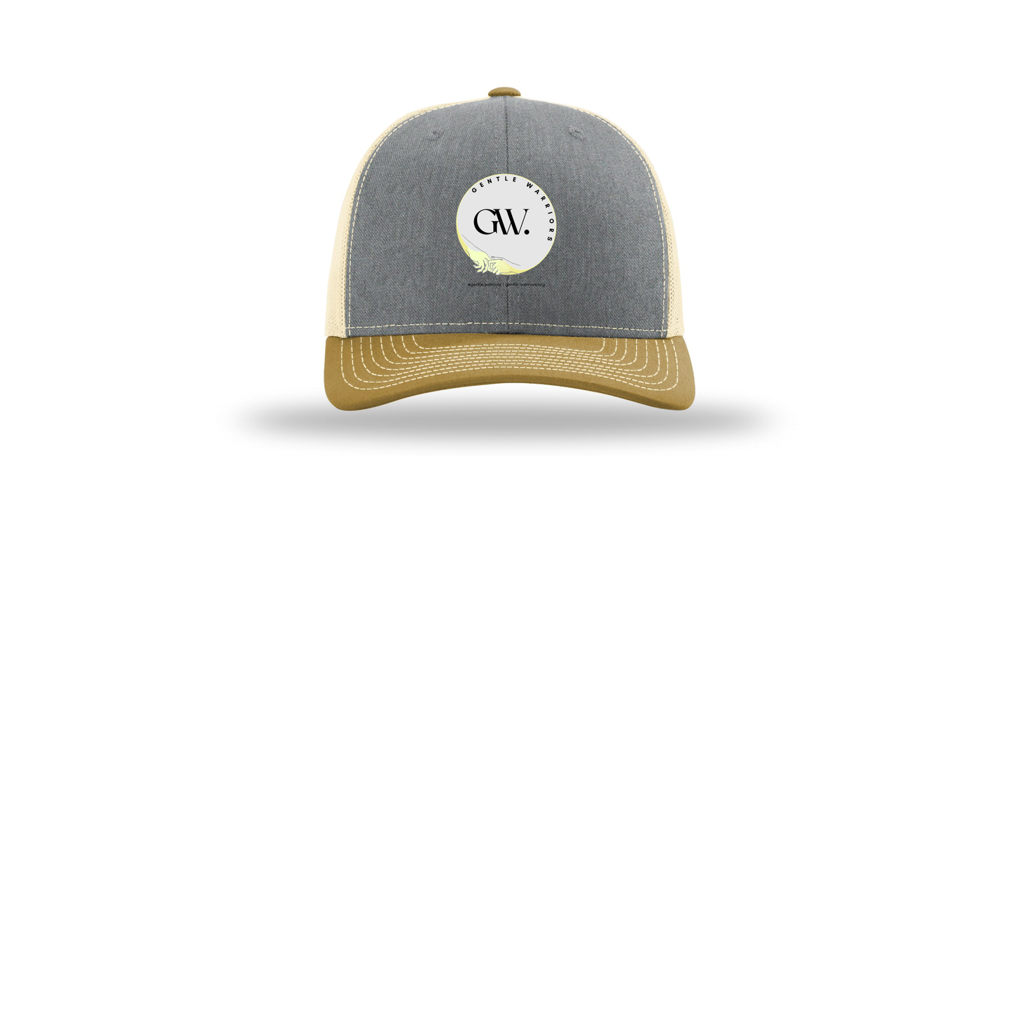 gentle-warriors-richardson-trucker-cap-embroidery-capfront-R112-heathergreybirchambergold-flat-front