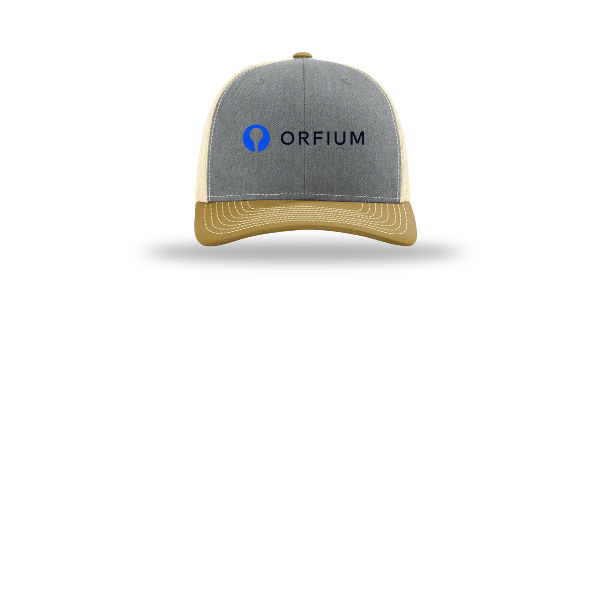 orfium-richardson-trucker-cap-embroidery-capfront-R112-heathergreybirchambergold-flat-front