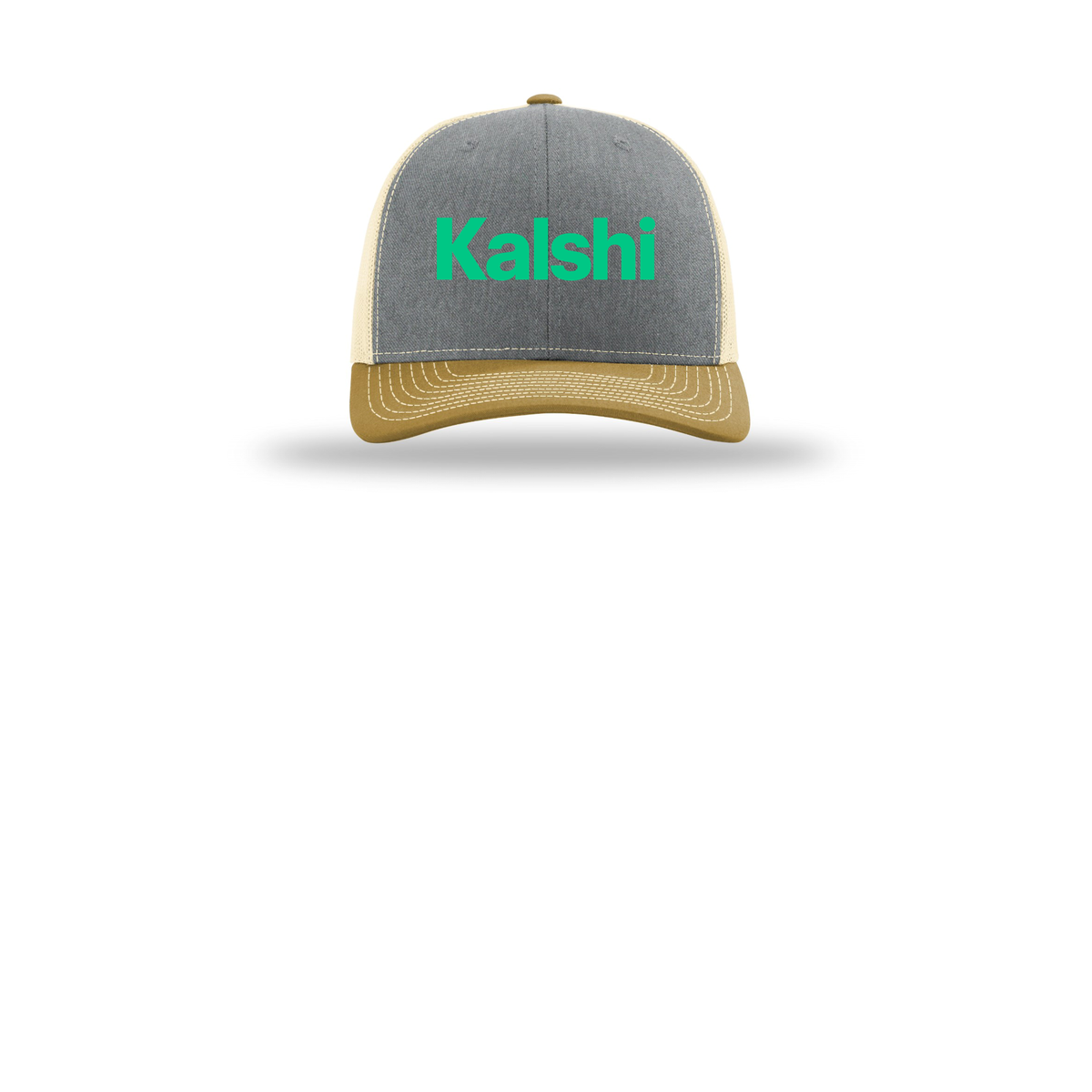 kalshi-richardson-trucker-cap-embroidery-capfront-R112-heathergreybirchambergold-flat-front