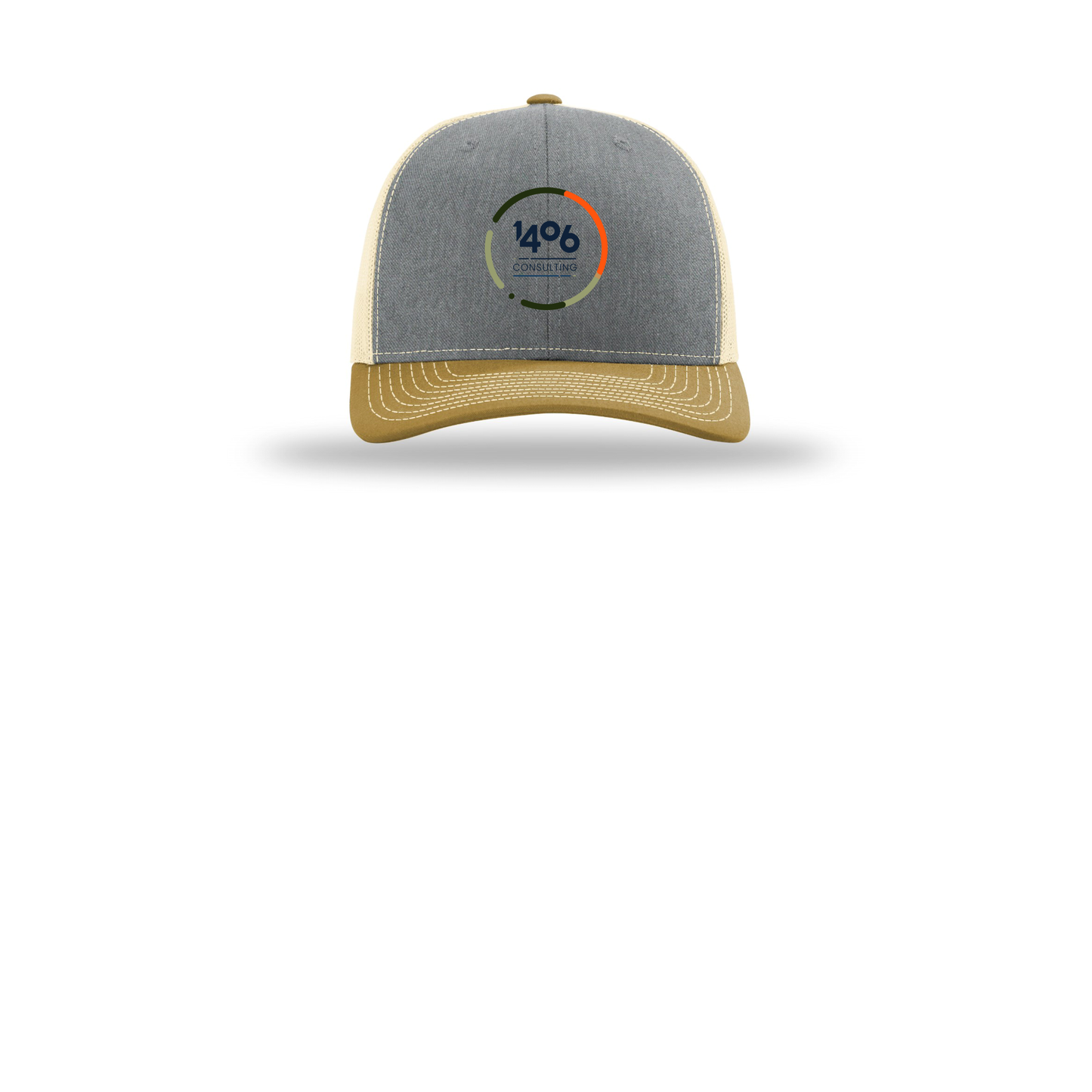1406consulting-richardson-trucker-cap-embroidery-capfront-R112-heathergreybirchambergold-flat-front