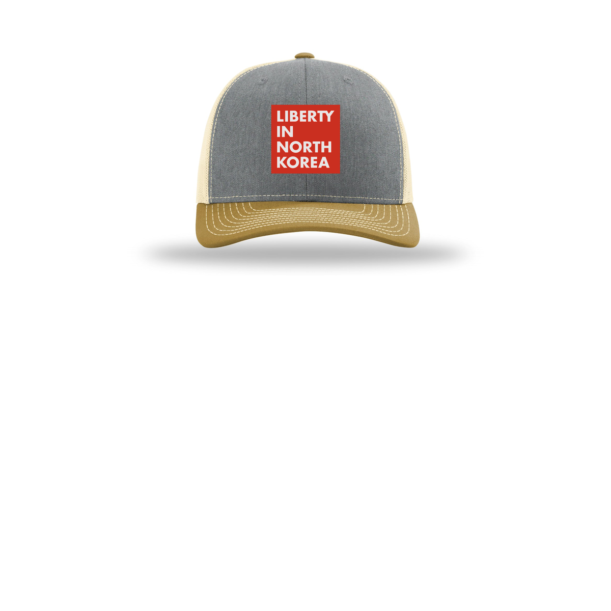 libertyinnorthkorea-richardson-trucker-cap-embroidery-capfront-R112-heathergreybirchambergold-flat-front