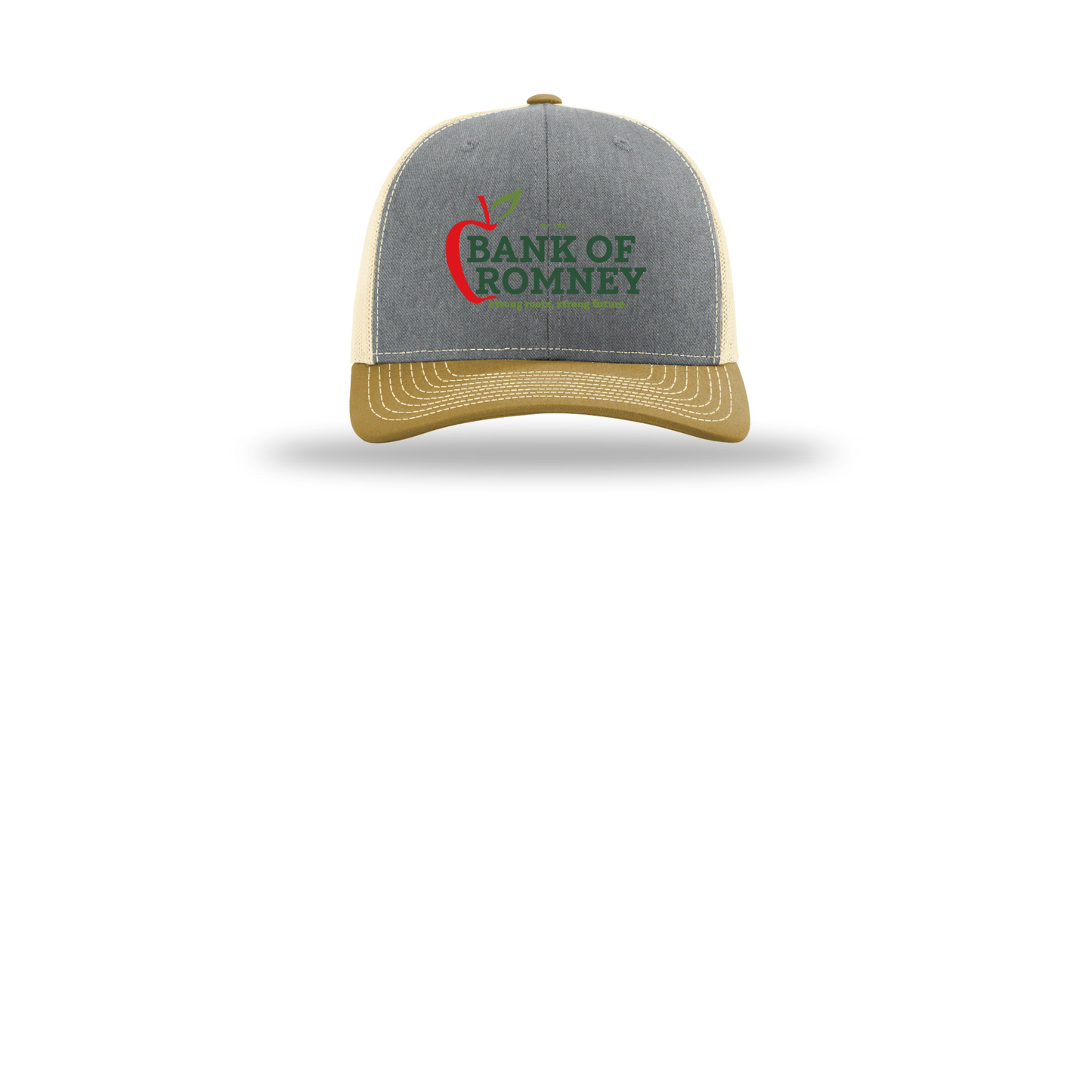 bankofromney-richardson-trucker-cap-embroidery-capfront-R112-heathergreybirchambergold-flat-front