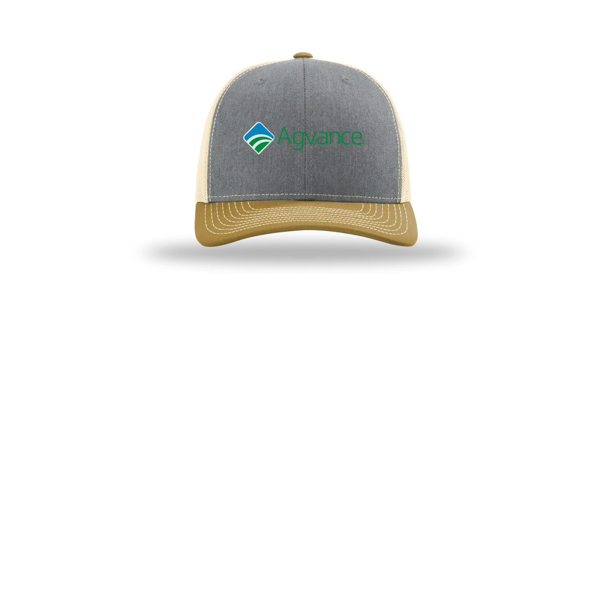 agvance-richardson-trucker-cap-embroidery-capfront-R112-heathergreybirchambergold-flat-front