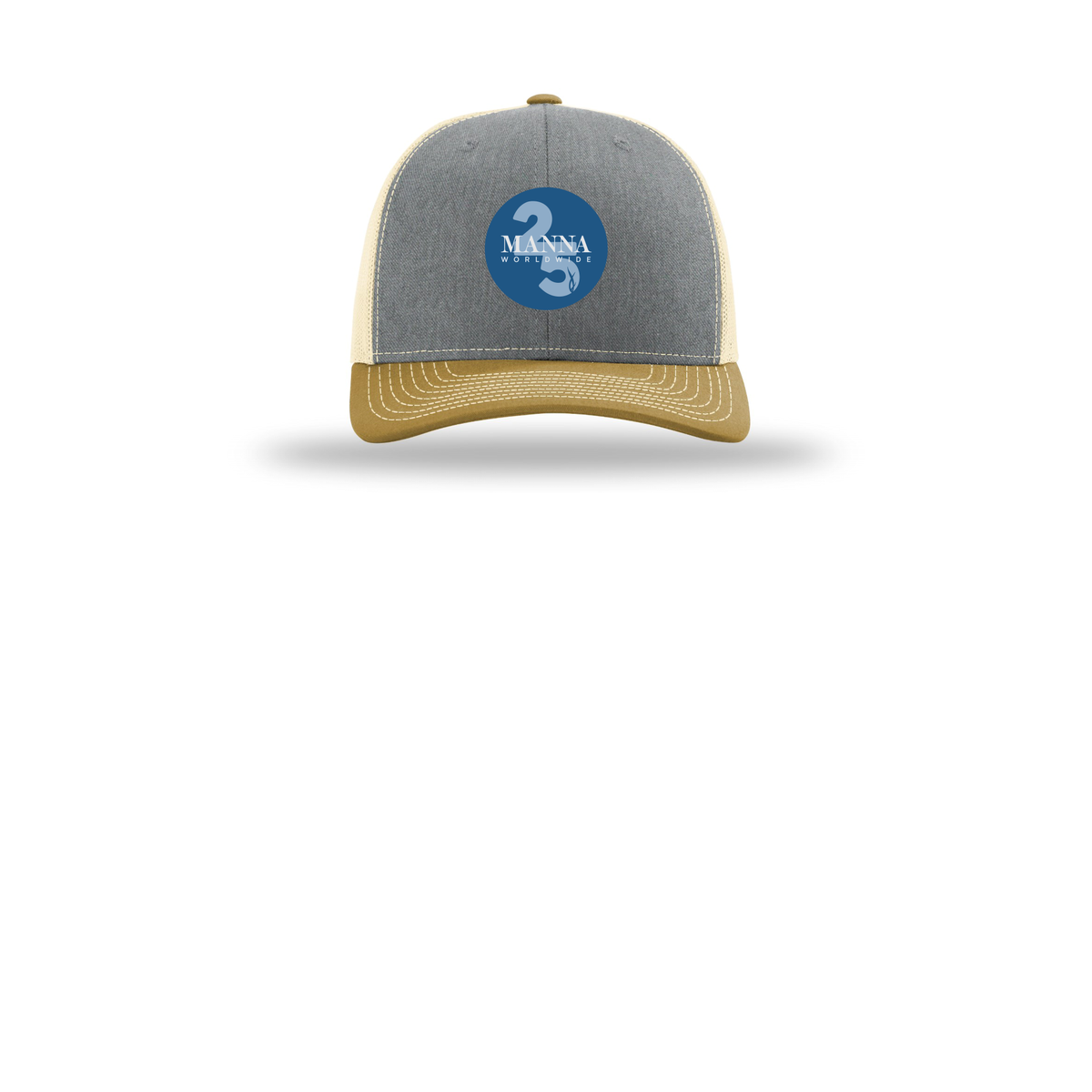 mannaworldwide-richardson-trucker-cap-embroidery-capfront-R112-heathergreybirchambergold-flat-front