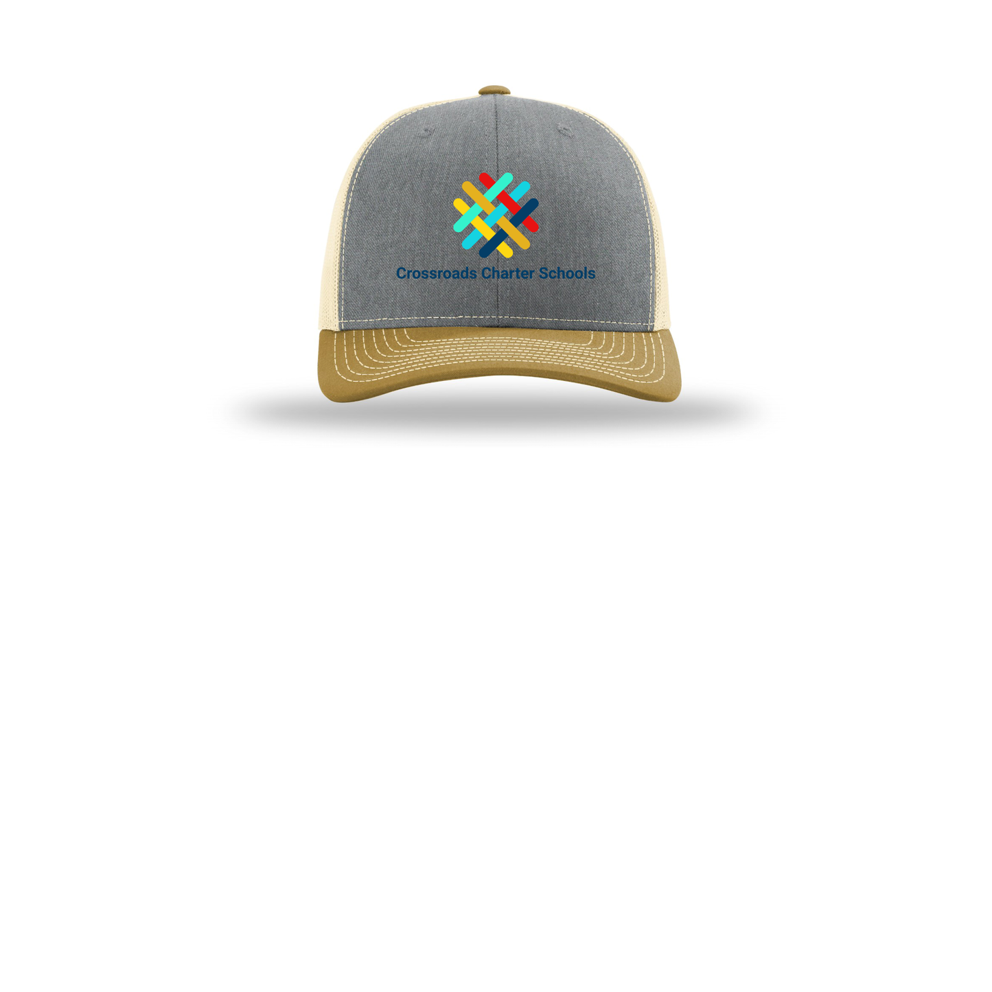 crossroadsschoolskc-richardson-trucker-cap-embroidery-capfront-R112-heathergreybirchambergold-flat-front