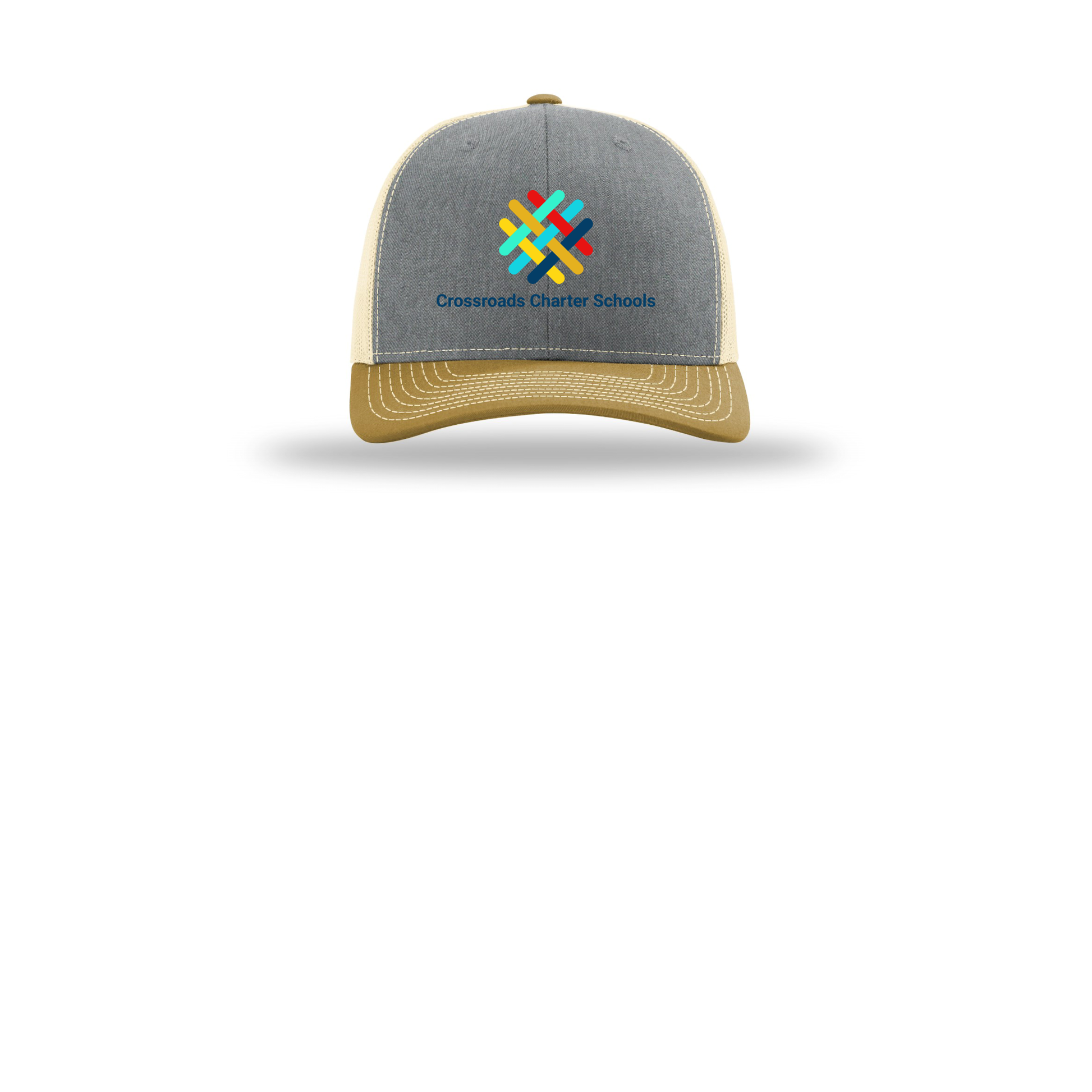 crossroadsschoolskc-richardson-trucker-cap-embroidery-capfront-R112-heathergreybirchambergold-flat-front