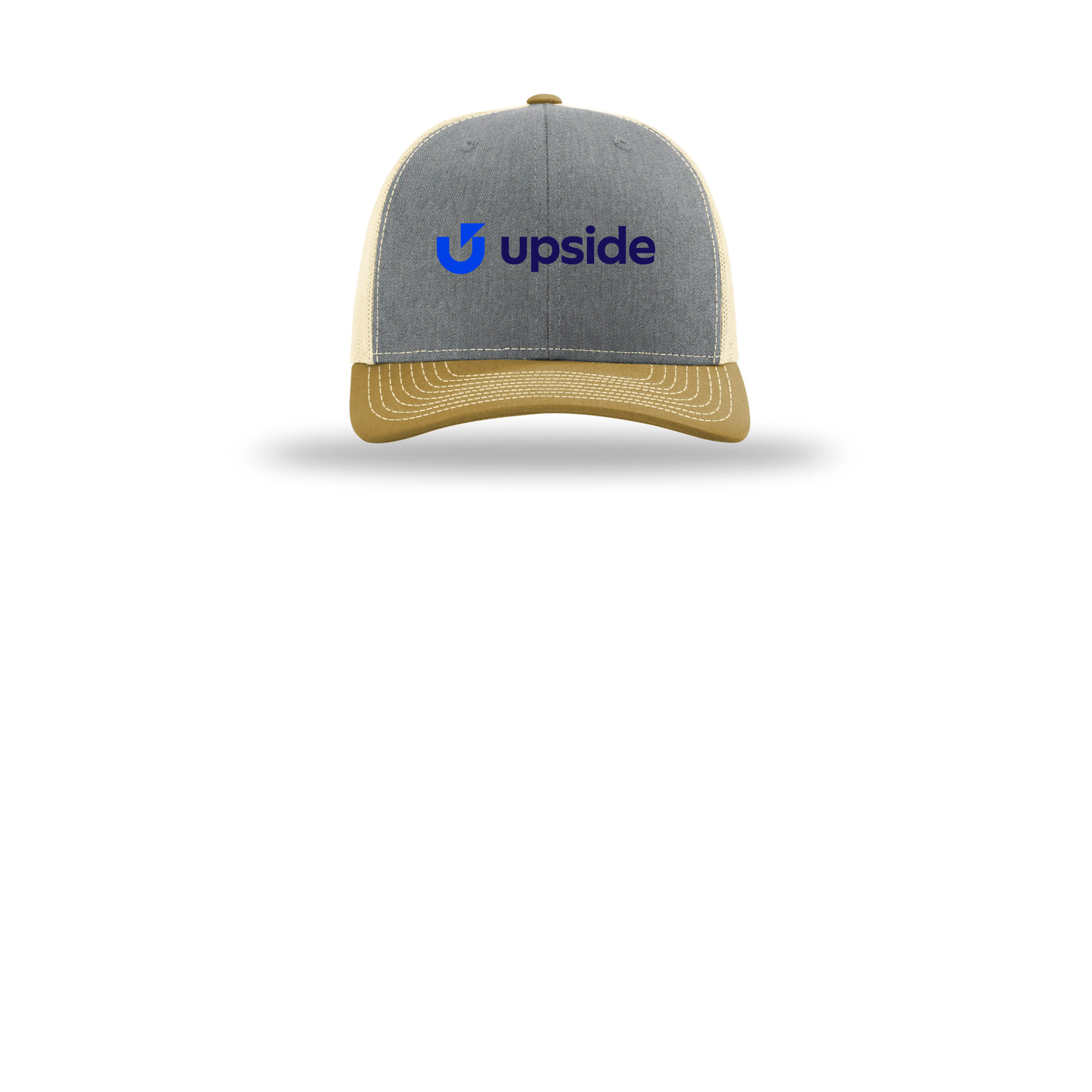 upside-richardson-trucker-cap-embroidery-capfront-R112-heathergreybirchambergold-flat-front