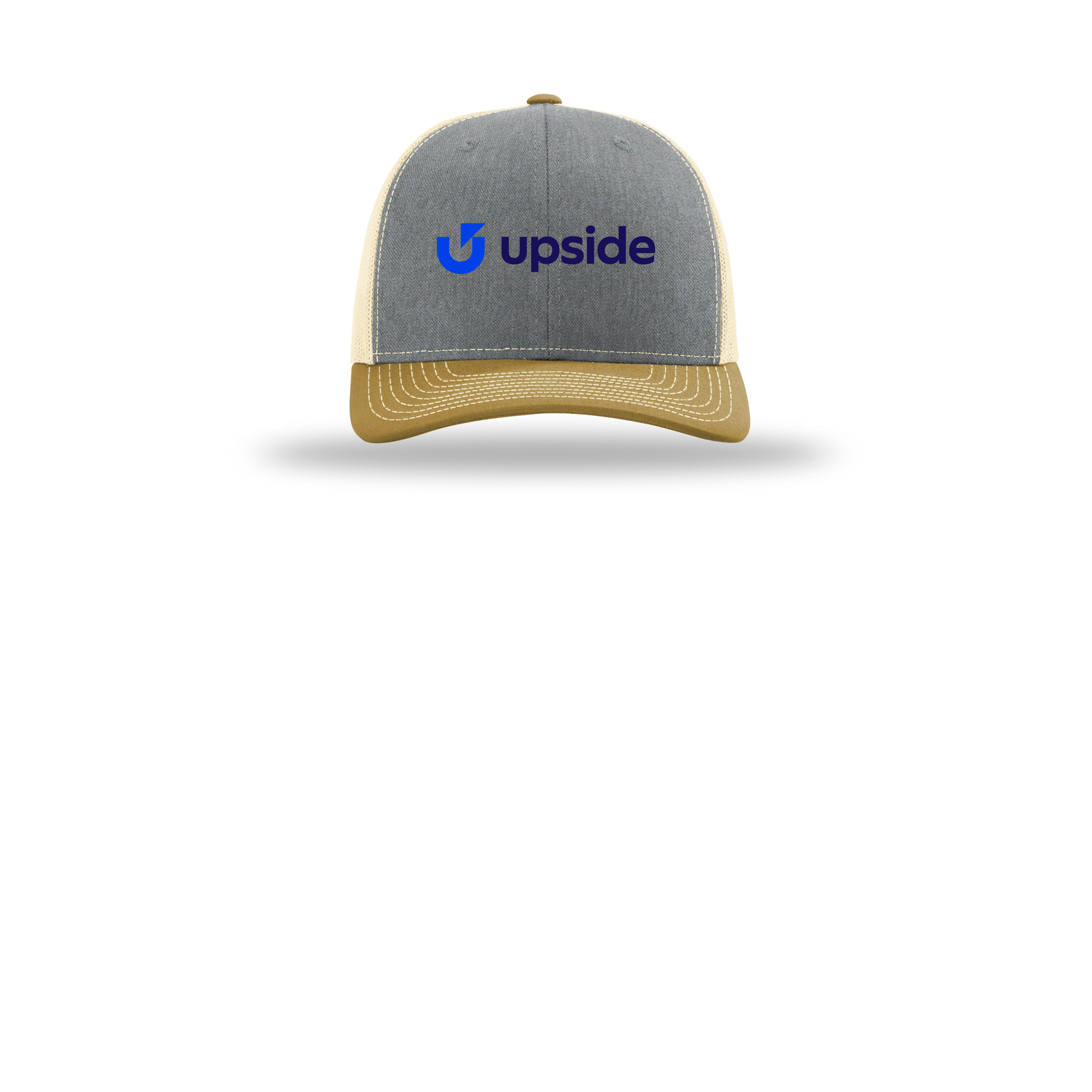 upside-richardson-trucker-cap-embroidery-capfront-R112-heathergreybirchambergold-flat-front