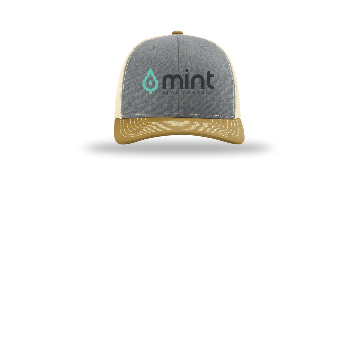 mintpest-richardson-trucker-cap-embroidery-capfront-R112-heathergreybirchambergold-flat-front
