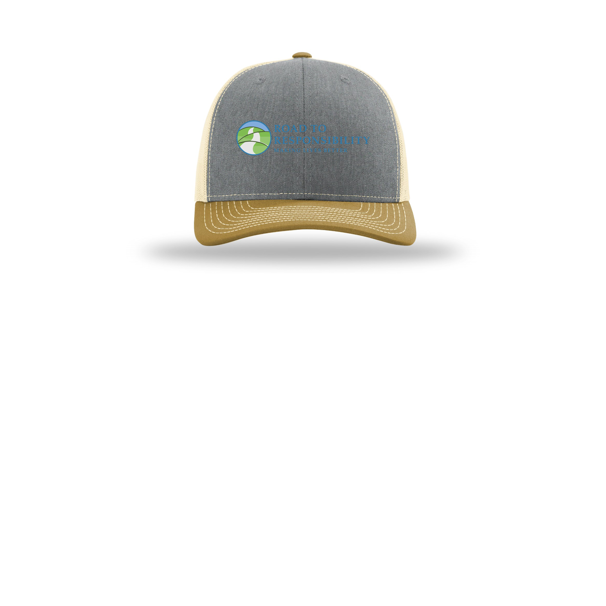 roadtoresponsibility-richardson-trucker-cap-embroidery-capfront-R112-heathergreybirchambergold-flat-front