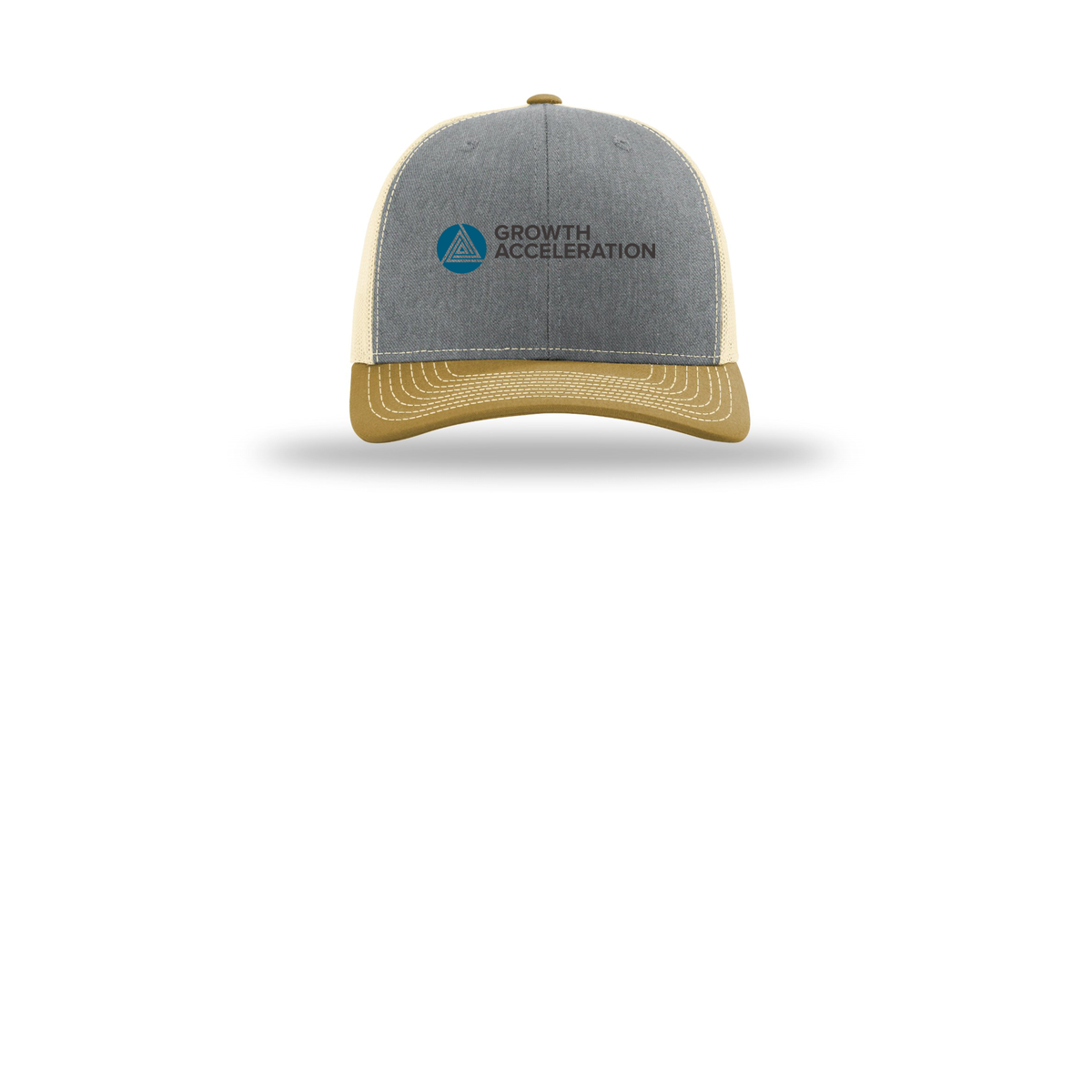 growthaccelerationpartners-richardson-trucker-cap-embroidery-capfront-R112-heathergreybirchambergold-flat-front