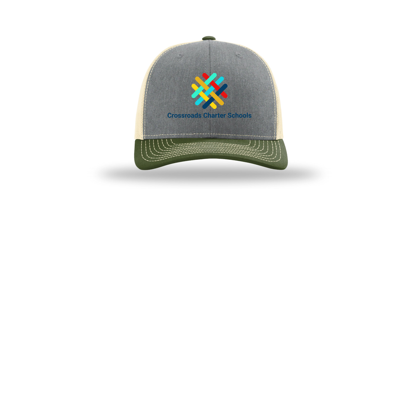 crossroadsschoolskc-richardson-trucker-cap-embroidery-capfront-R112-heathergreybircharmyolive-flat-front