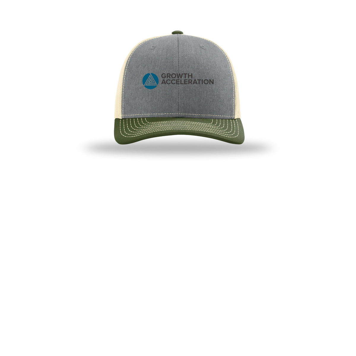 growthaccelerationpartners-richardson-trucker-cap-embroidery-capfront-R112-heathergreybircharmyolive-flat-front